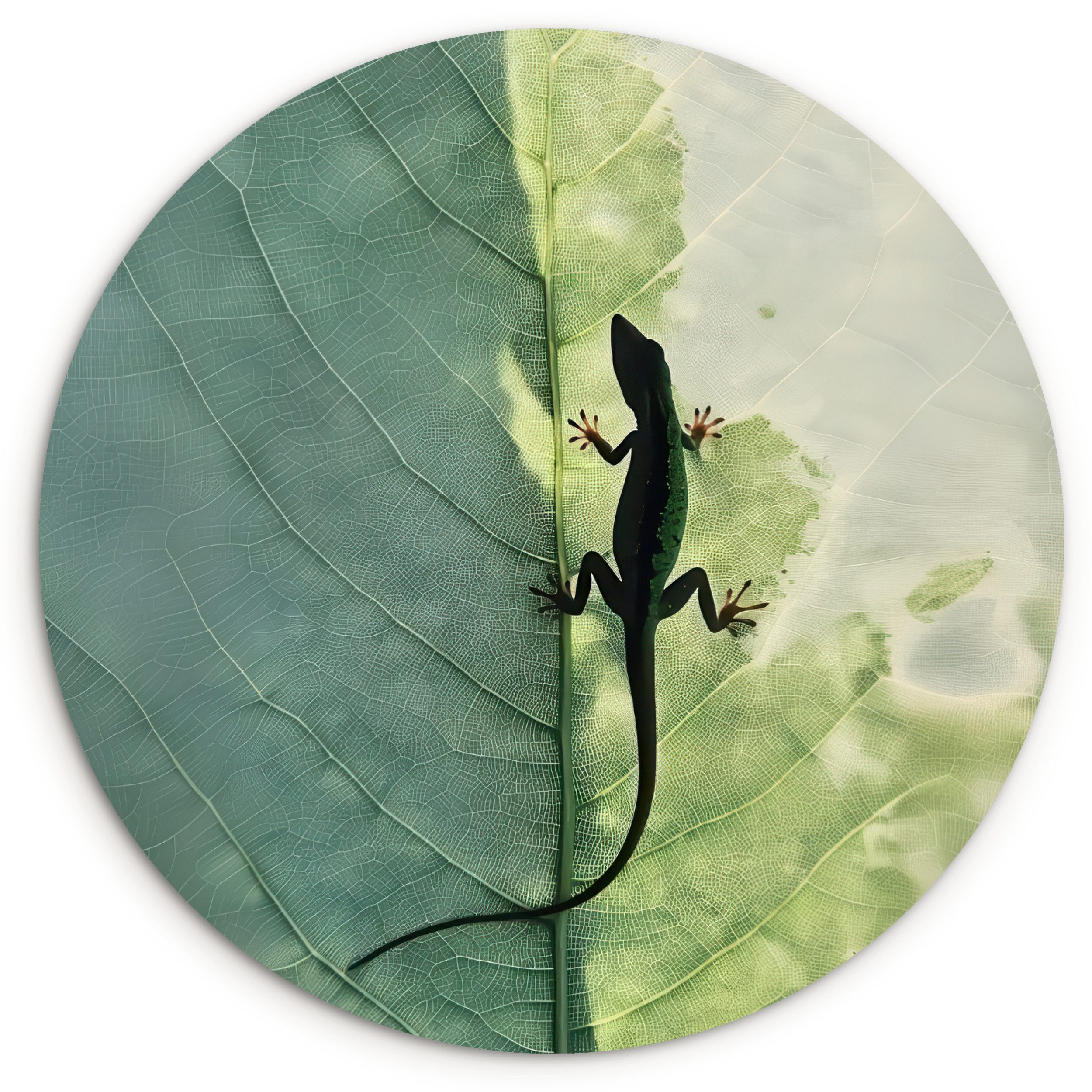 MuchoWow Gemälde Eidechse - Blatt - Venen - Grün, Fotodruck (1 St), Wandkreis Kunststoff für Wohnzimmer, Wandbild, 150x150 cm