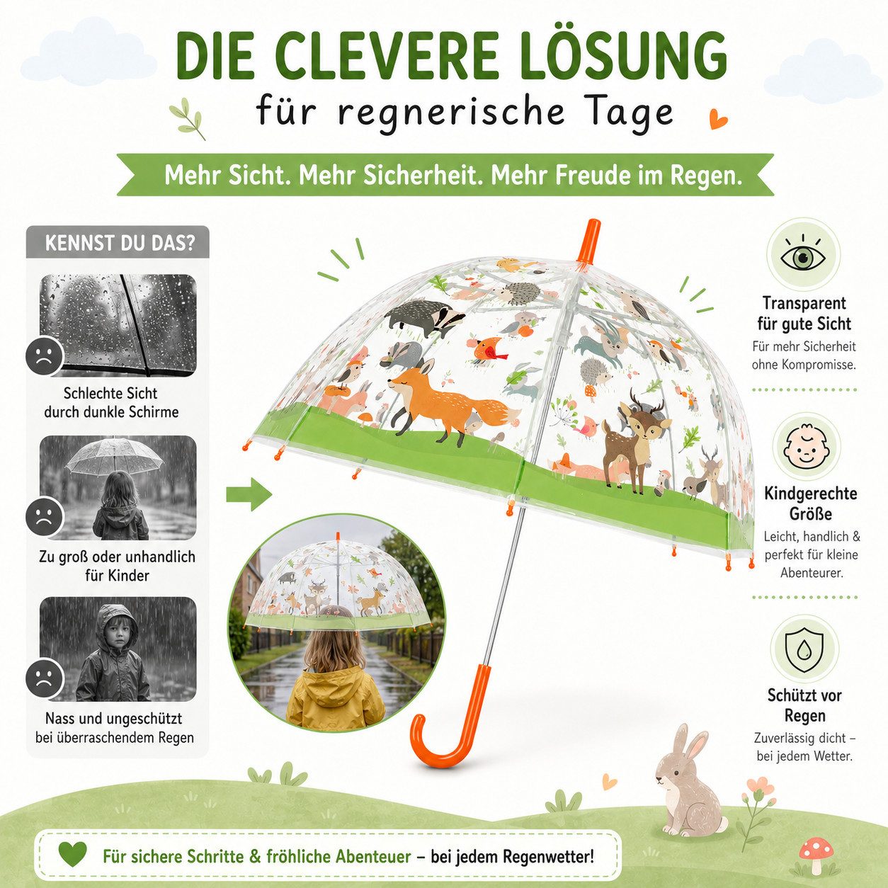 esschert design Stockregenschirm Kinderschirm transparent mit Waldtieren für Spaß im Regen – Bild 5 von 5