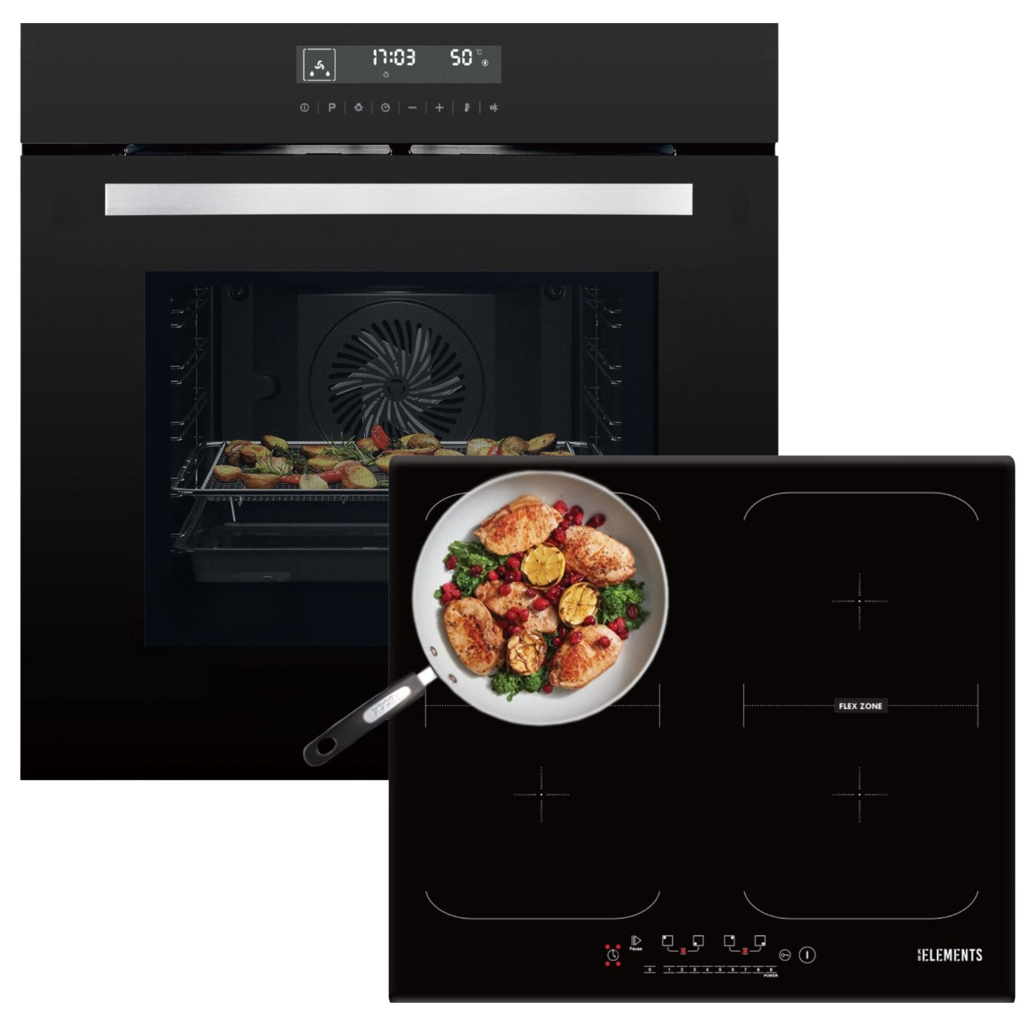 KB Elements Induktions Herd-Set Einbaubackofen 60 cm mit 4-Zonen Induktionskochfeld 60cm, mit 2-fach-Teleskopauszug, Einbaubackofen Full Touch mit 15 Funktionen, doppelte Flexzone