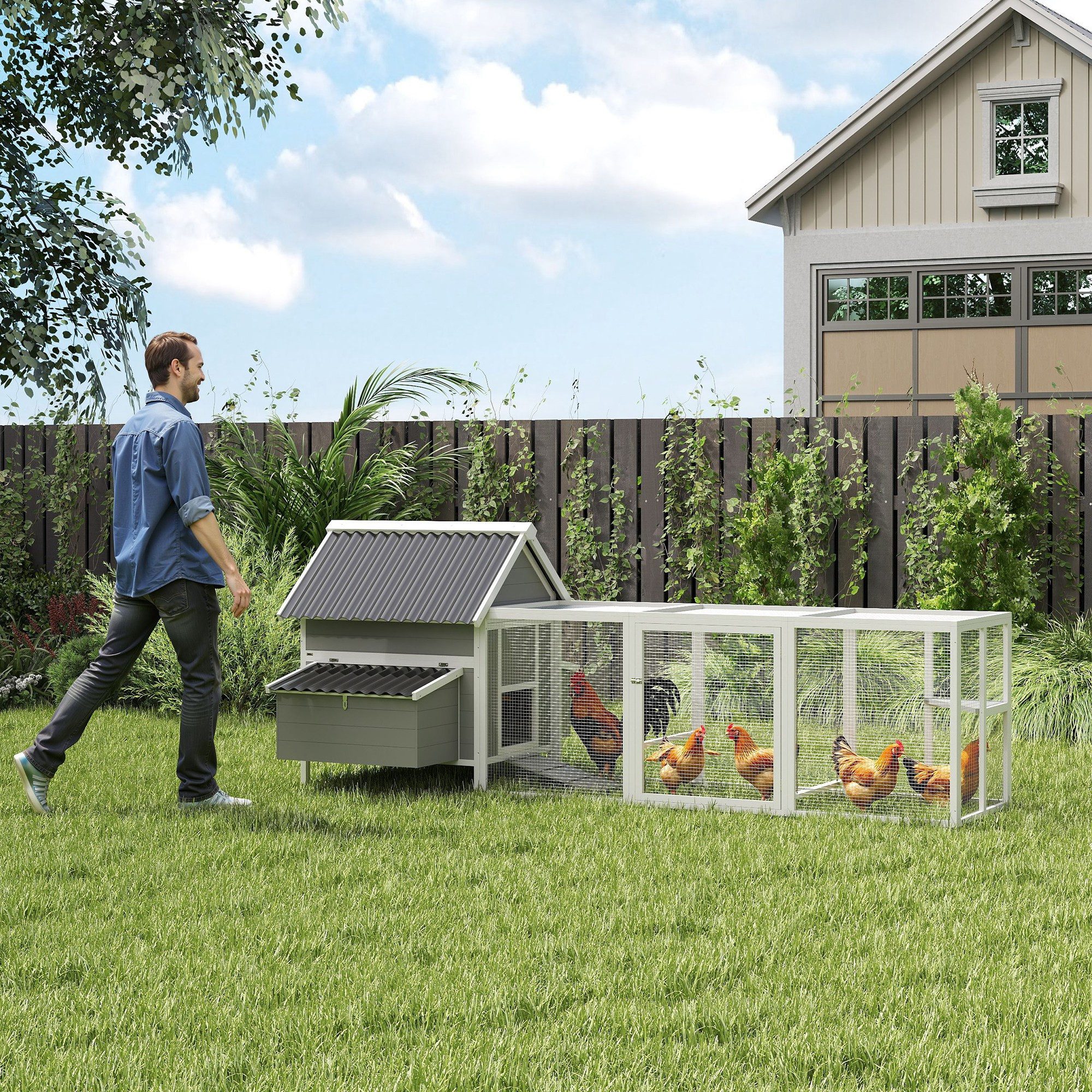 PawHut Hühnerstall mit Sitzstangen, Schaukel, Fenster, Nistkästen, für 7–10 Hühner, Grau