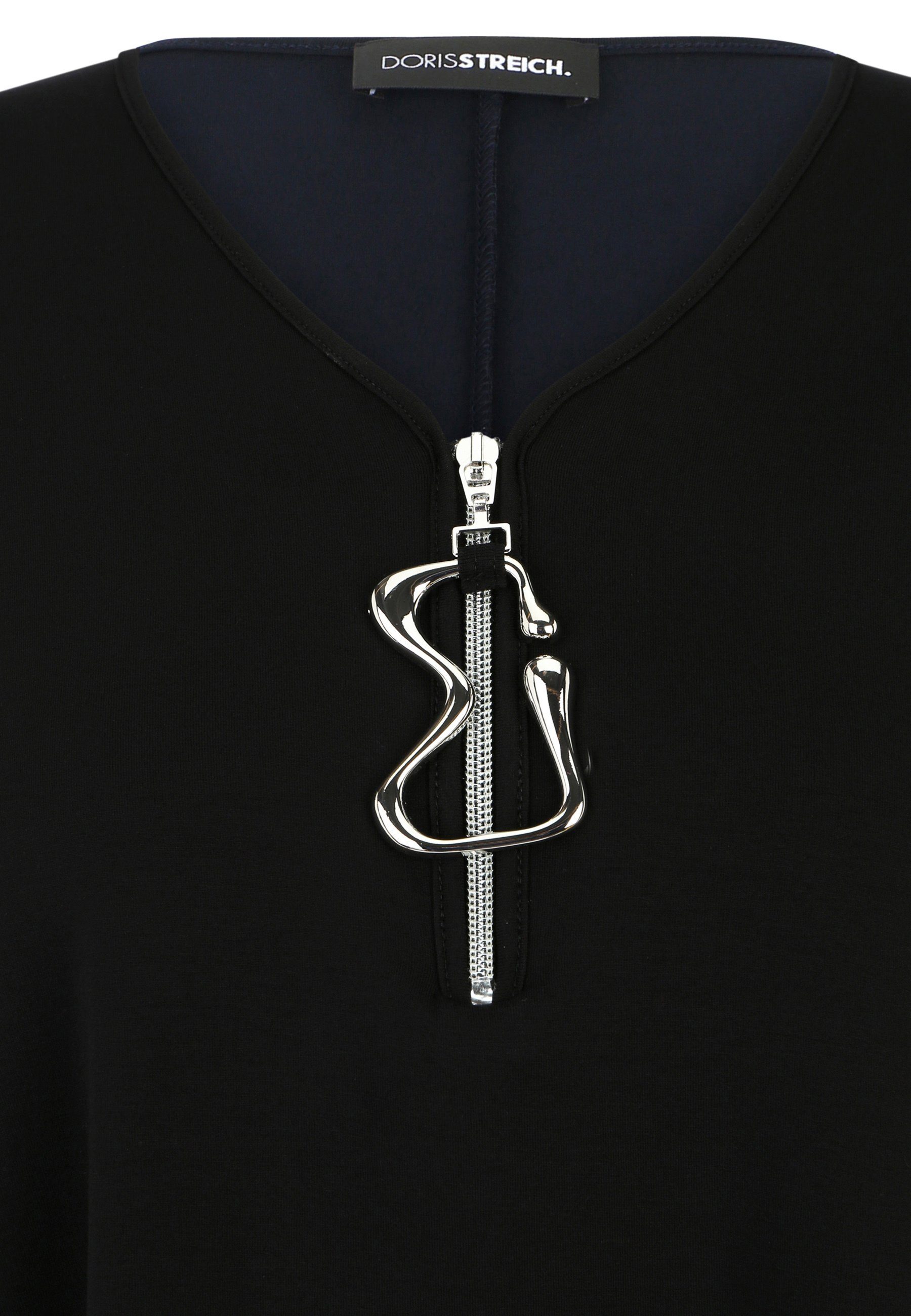 modernem SCHWARZ mit mit Long-Shirt Reißverschluss Streich Doris Design dekorativem Longbluse