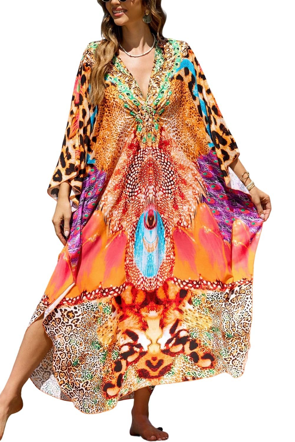 MOPUEA Strandkleid Kaftankleid Damen Strandkleid Boho Oversize Cover Up Lang (Kaftan, 1 Damen Kaftan mit V-Ausschnitt und Tunnelzug) Tunnelzug Fledermausärmel Seitenschlitz Oversize V-Ausschnitt