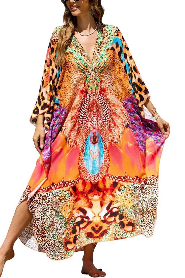 MOPUEA Strandkleid Kaftankleid Damen Strandkleid Boho Oversize Cover Up Lang (Kaftan, 1 Damen Kaftan mit V-Ausschnitt und Tunnelzug) Tunnelzug Fledermausärmel Seitenschlitz Oversize V-Ausschnitt