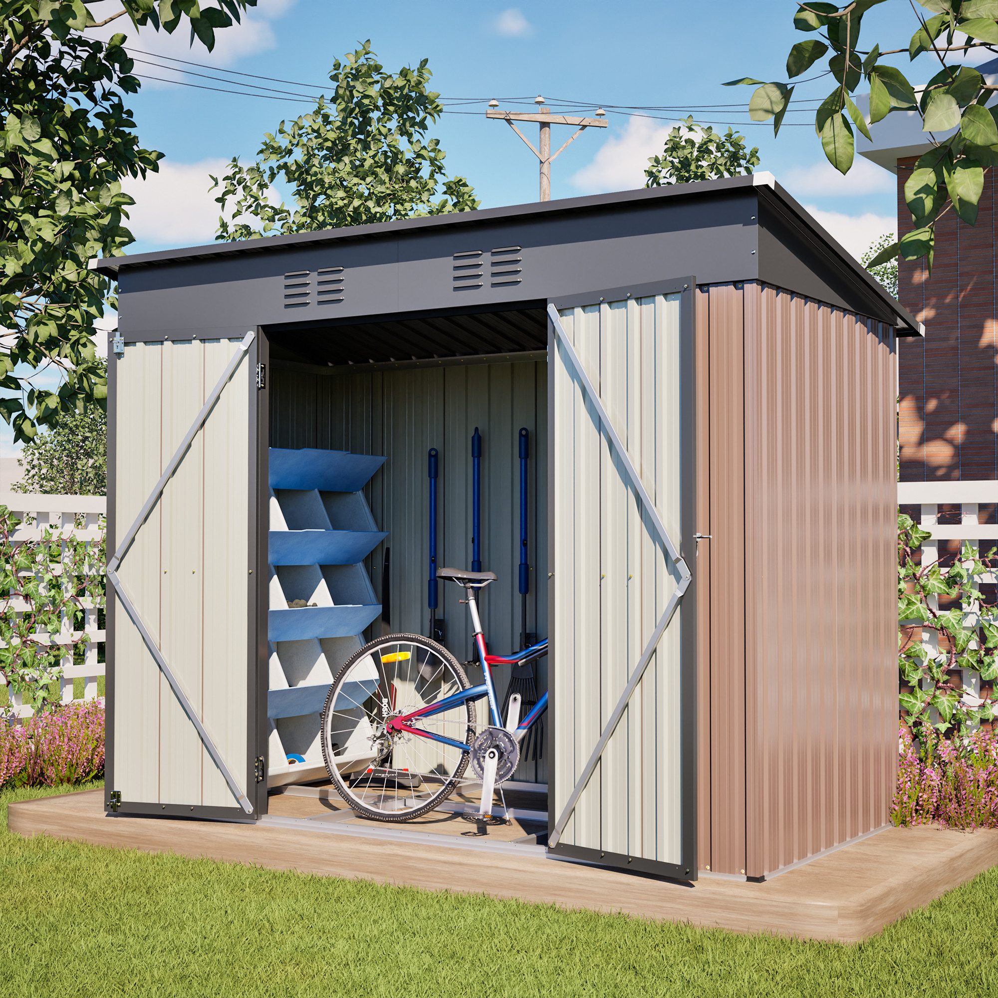 CHICFURN Gerätehaus Pultdach Metall-Gartenhaus mit abschließbarer Tür & 2 Lüftungsgittern, BxT: 242,00x126,00 cm, (Packung, 1 St), Für Terrasse, Hof & Garten, Braun, 8x4 Fuß
