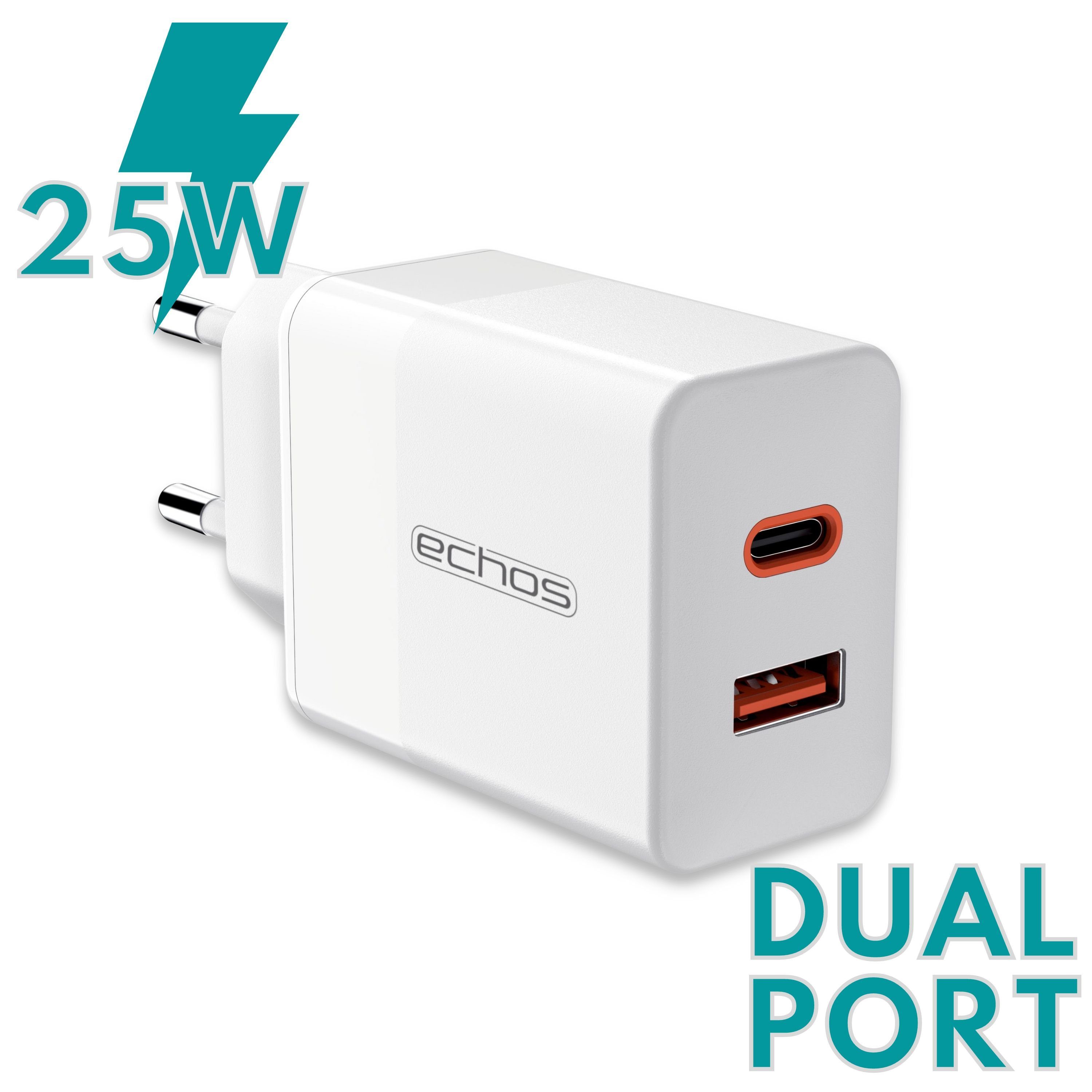 echos Eco-4042 Schnelllade-Gerät (Set, 25 Watt Schnellladegerät, Dualport, USB-C + USB-A, QC3.0, PD, PPS)