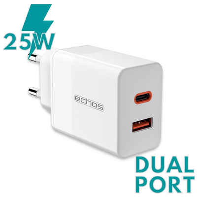 echos Eco-4042 Schnelllade-Gerät (Set, 25 Watt Schnellladegerät, Dualport, USB-C + USB-A, QC3.0, PD, PPS)