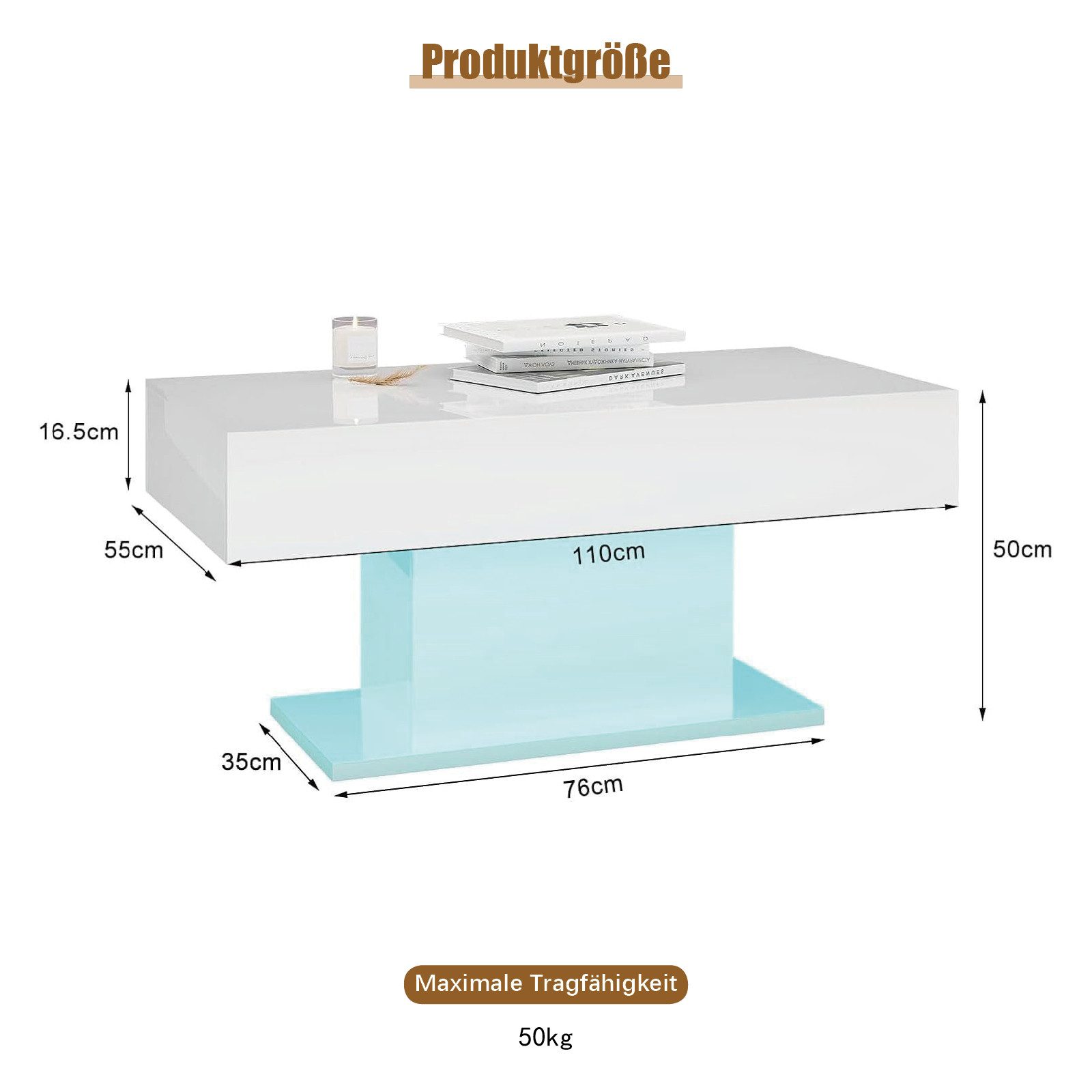 radelldar Couchtisch Wohnzimmertisch Hochglanz mit LED-Beleuchtung, Moderner Stil (1-St), Maße 110x55x50 cm, USB-Betrieb
