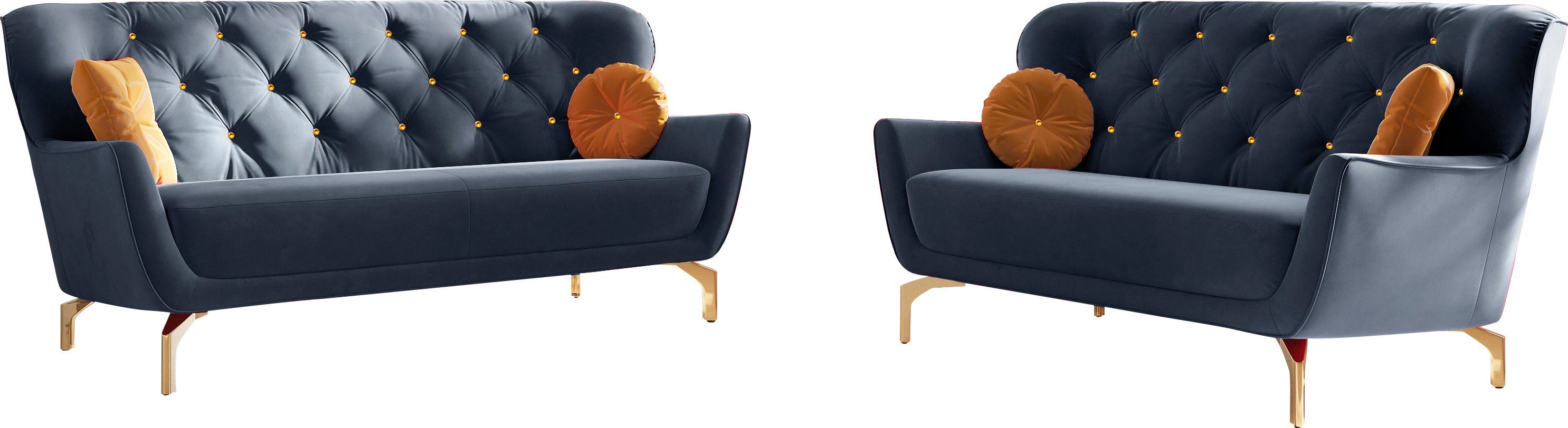 sit&more Polstergarnitur Orient 3, (2-tlg), inkl. 4 Zierkissen mit Strass-Stein, goldfarbene Metallfüße