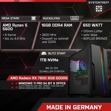 SYSTEMTREFF Gaming-PC (AMD Ryzen 5 5600, Radeon RX 7600, 16 GB RAM, 1000 GB SSD, Luftkühlung, Windows 11, WLAN)