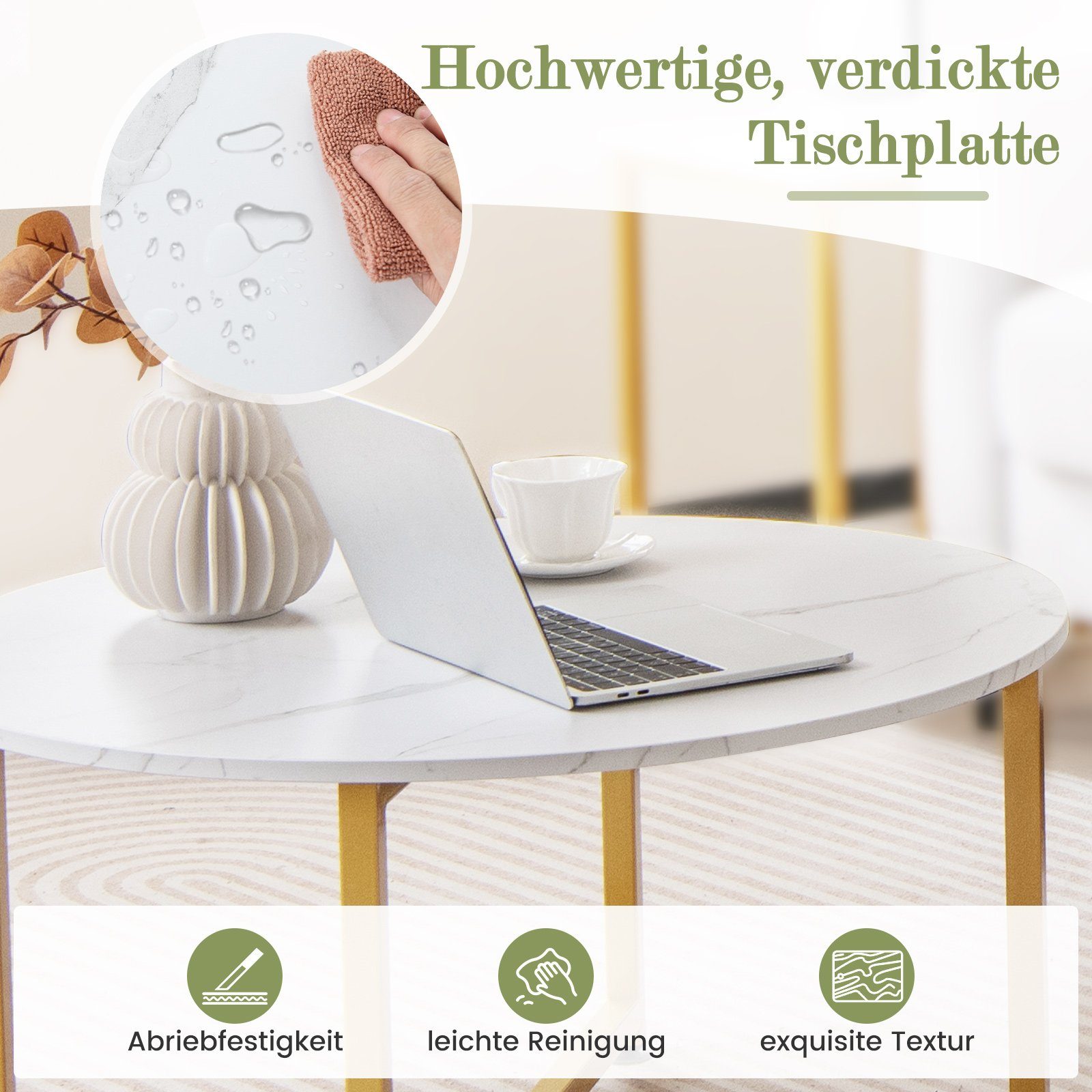 COSTWAY Satztisch, 3er Set, Couchtisch rund & quadratisch, Holz & Metallrahmen