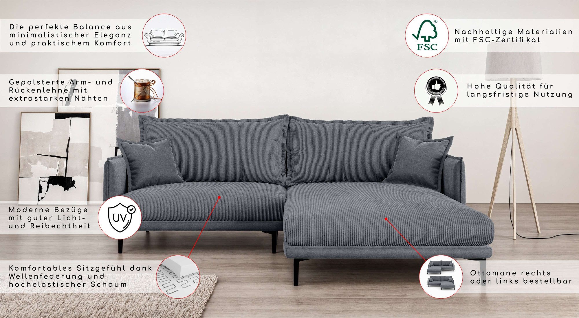 Home affaire Ecksofa ALEXANDRIA mit Recamiere rechts oder links bestellbar, moderne Bezüge, L-Form mit Wellenunterfederung, Maße: B/H/T 246/86/190 cm