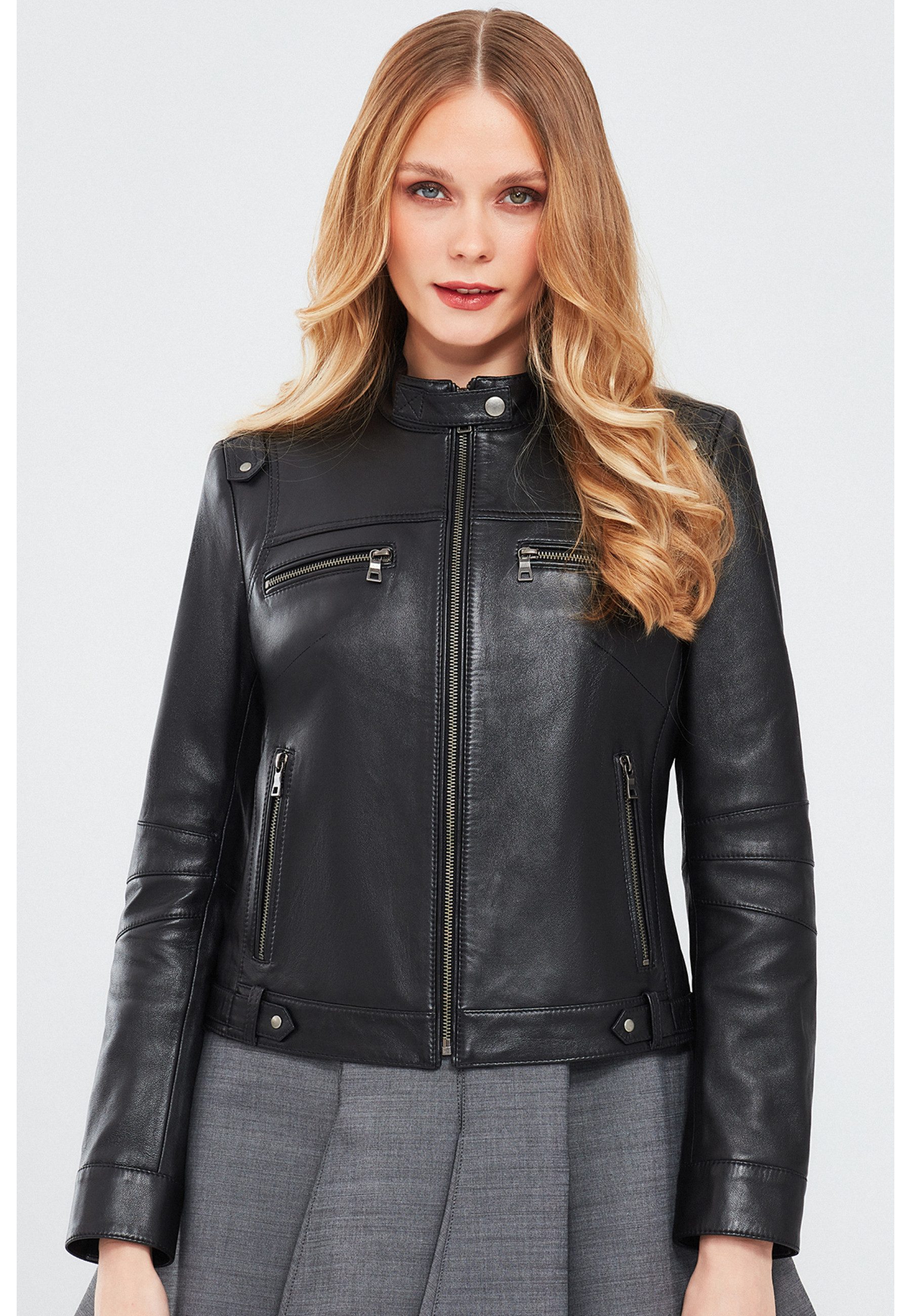 Derimod Lederjacke Vicky Kurze Lederjacke Regular Fit, Reißverschluss, Stehkragen, Kurz, Textilfutter