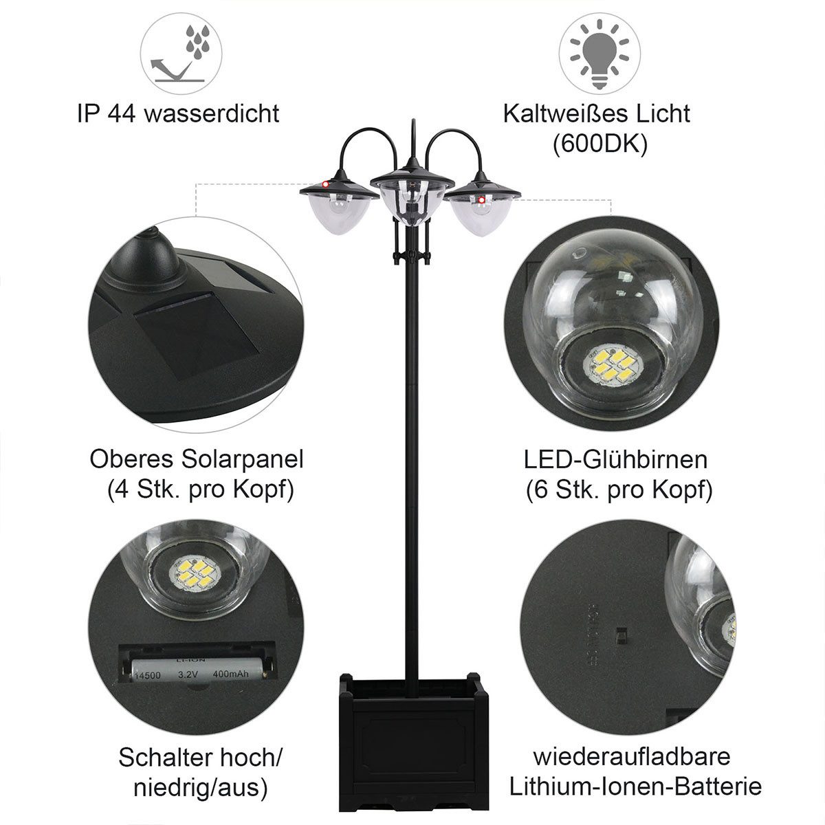 autolock LED Laterne LED Solar Gartenlaterne mit Blumentopf-Basis Stehleuchte, Solarlampe für Garten Balkon Deko 60x55x189cm Schwarz 