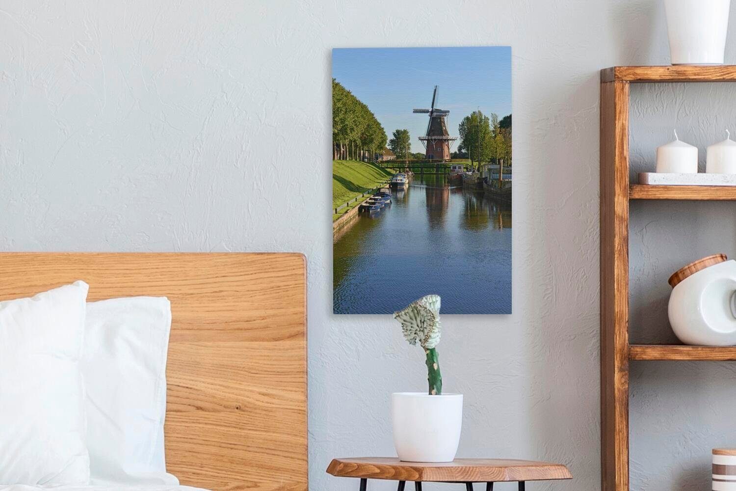 Dokkum Leinwandbild inkl. Zackenaufhänger, (1 OneMillionCanvasses® - Gemälde, Leinwandbild cm 20x30 bespannt Boot, Mühle St), fertig -