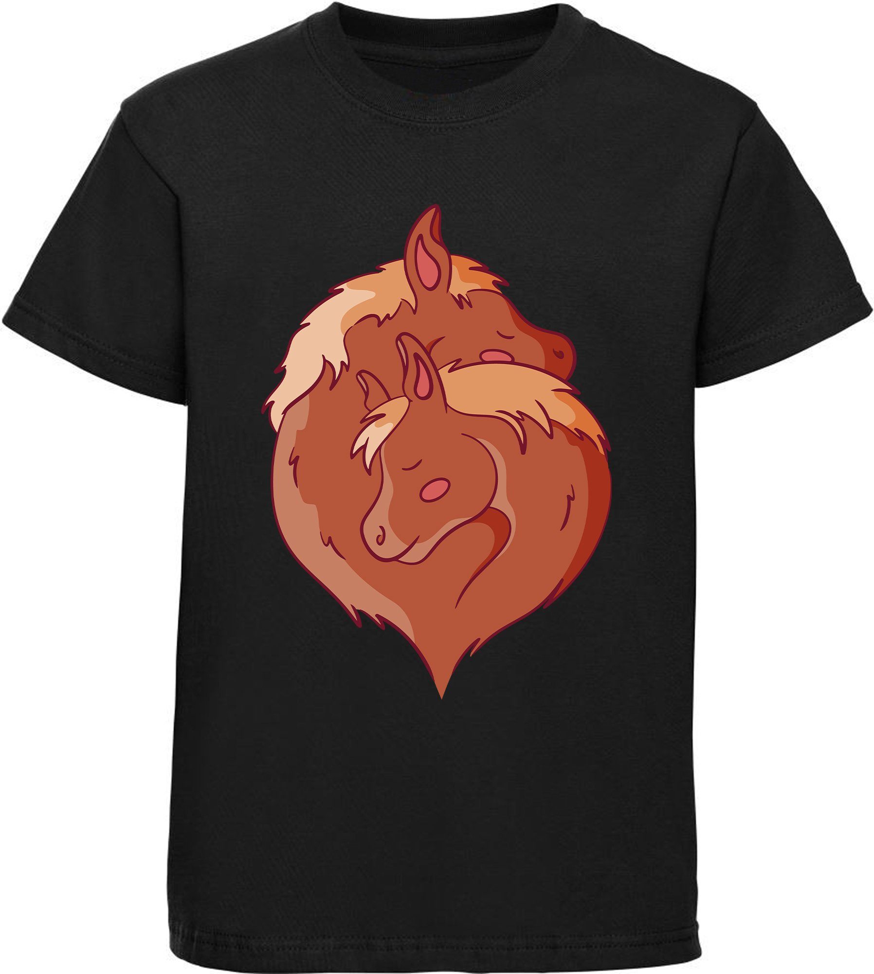 MyDesign24 Print-Shirt bedrucktes Mädchen T-Shirt zwei kuschelnde Pferde im Yin Yang Stil Baumwollshirt mit Aufdruck, i152 schwarz