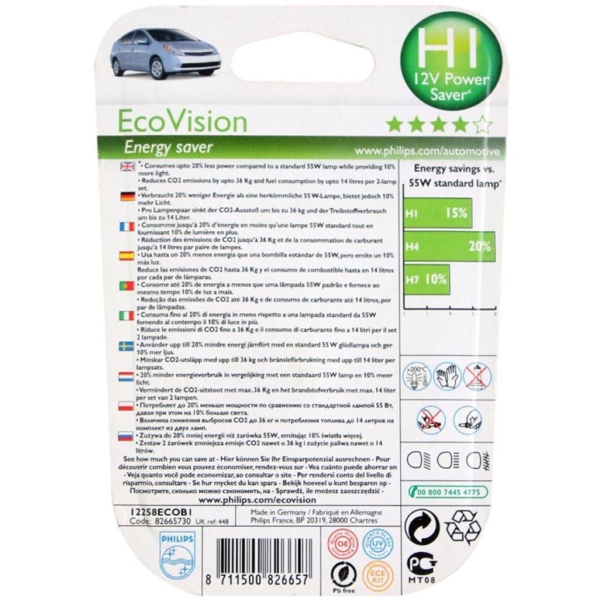 Philips KFZ-Ersatzleuchte H1 Eco-Vision 12V 55W Energysaver Auto-Lampe, 1 St., Weiß, 12V Halogen-Birnen Scheinwerfer-Lampe Auto-Birne mit Sockel H1 P14,5s