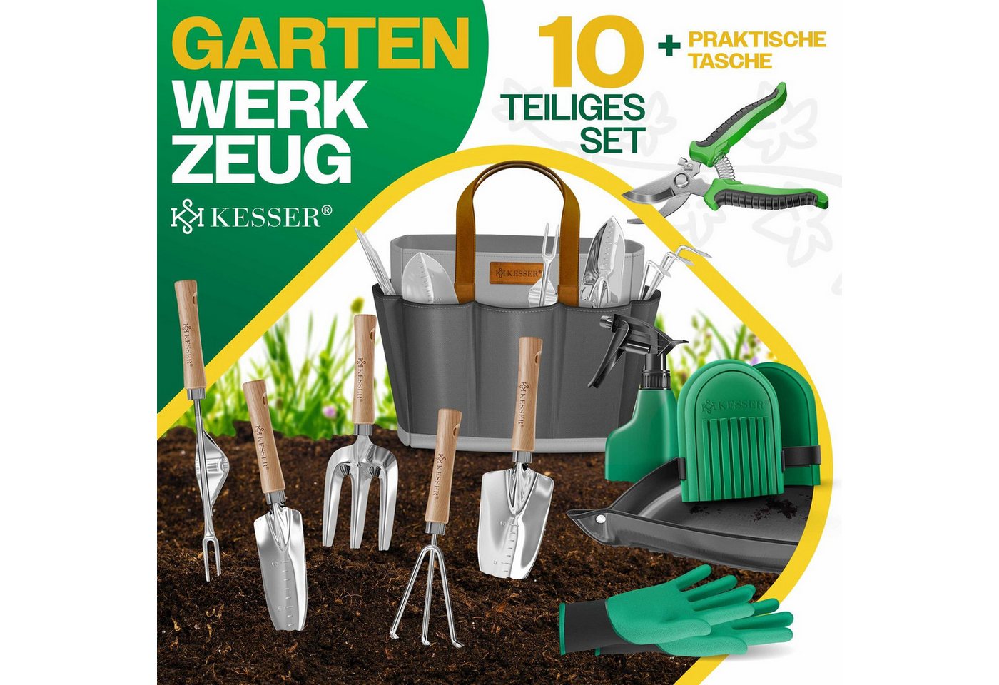 Thumbnail - KESSER Gartenpflege-Set Gartenwerkzeug Set 10-teilig Gartengeräte mit ergonomischen Holzgriff, Handschaufel, Handgabel, ...