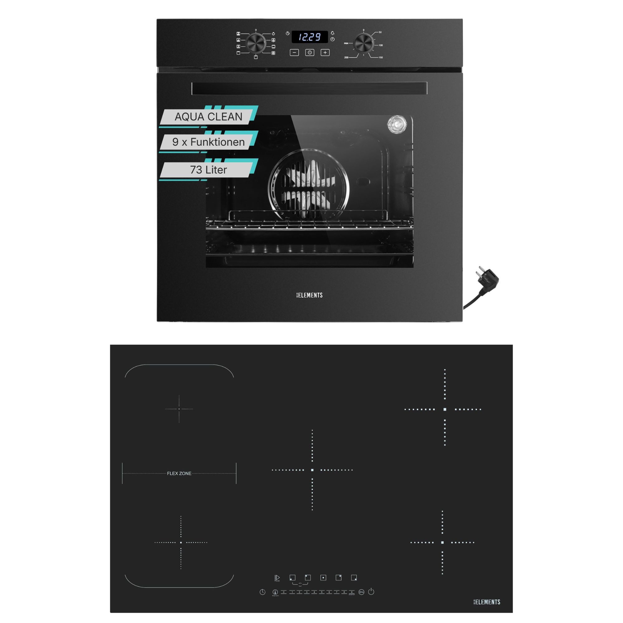 KB Elements Induktions Herd-Set Einbaubackofen 60 cm mit 5-Zonen Induktionskochfeld 77cm, Aqua Clean, Circle Fan Heater, Flexzonen