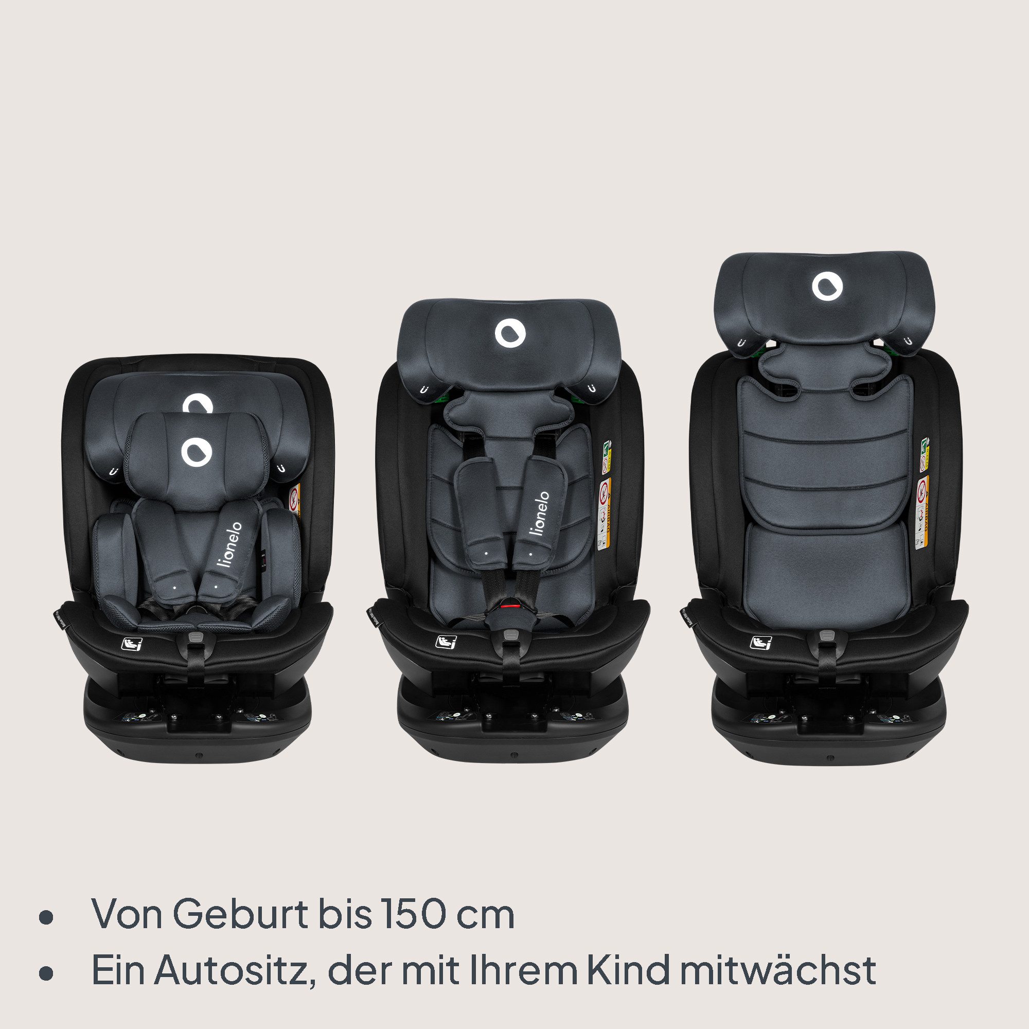 lionelo Autokindersitz Bastiaan RWF i-Size, ab: ab 0, bis: bis 150 cm (36kg), ab: 40,00 cm, bis: 150,00 cm, (Set), 4 Sitze in 1/360' drehbare Basis / ISOFIX / Top-Tether
