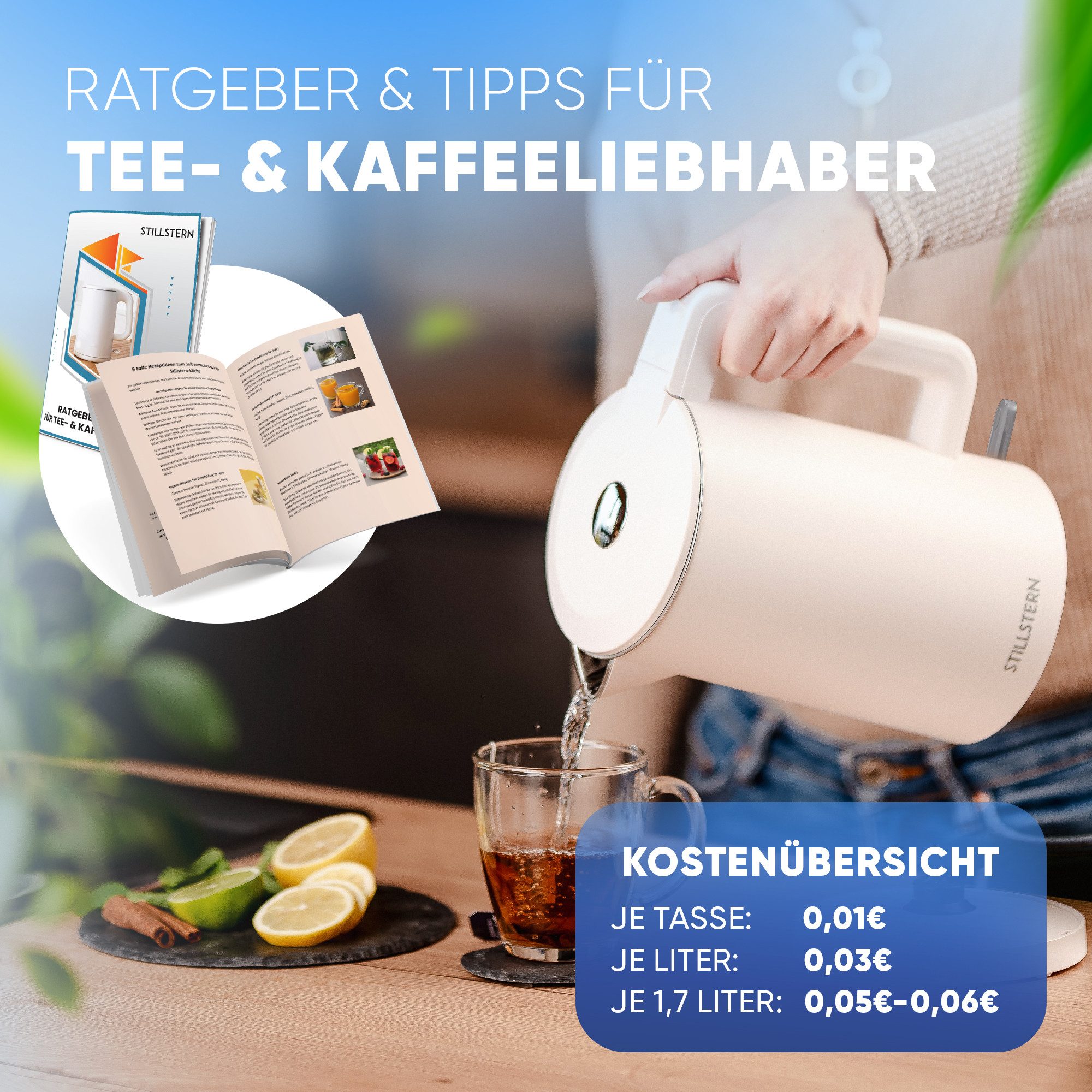 Stillstern Wasserkocher Wasserkocher 1,7L, schnelles Aufkochen, doppelwandig, 1.7 l, 2200 W, Anti Fingerprint, 2200W, Leise
