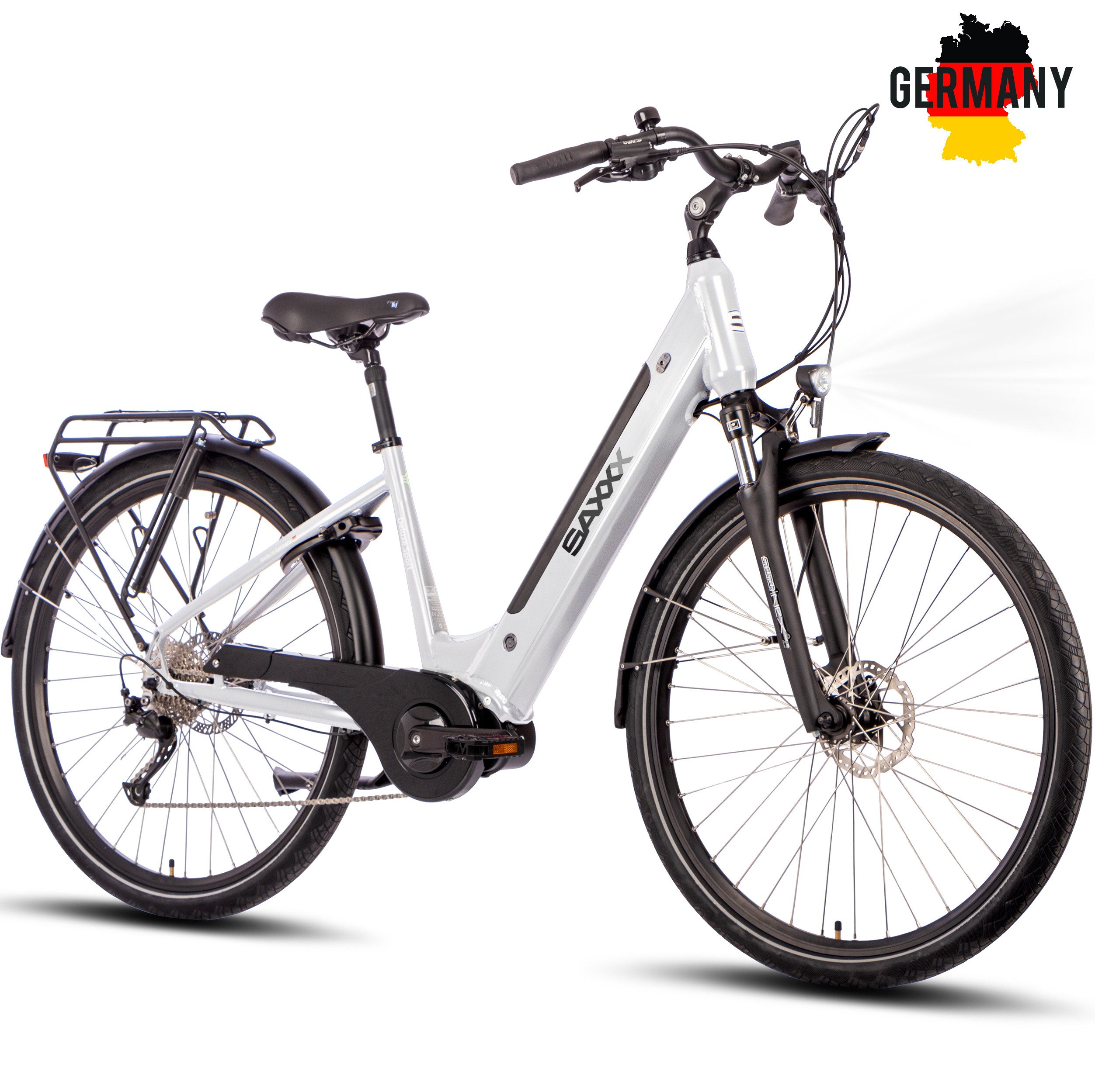 SAXXX E-Bike Trekkingrad Damen & Herren 28'' Deluxe Sport Wave, 418Wh, bis zu 100km, 9 Gang Shimano Alivio Schaltwerk, Kettenschaltung, Mittelmotor, 418 Wh, (mit Akku-Ladegerät, mit Akku-Schlüssel, mit Rahmenschloss), Federgabel, Gepäckträger, hydraulische Scheibenbremsen, E-Trekkingrad