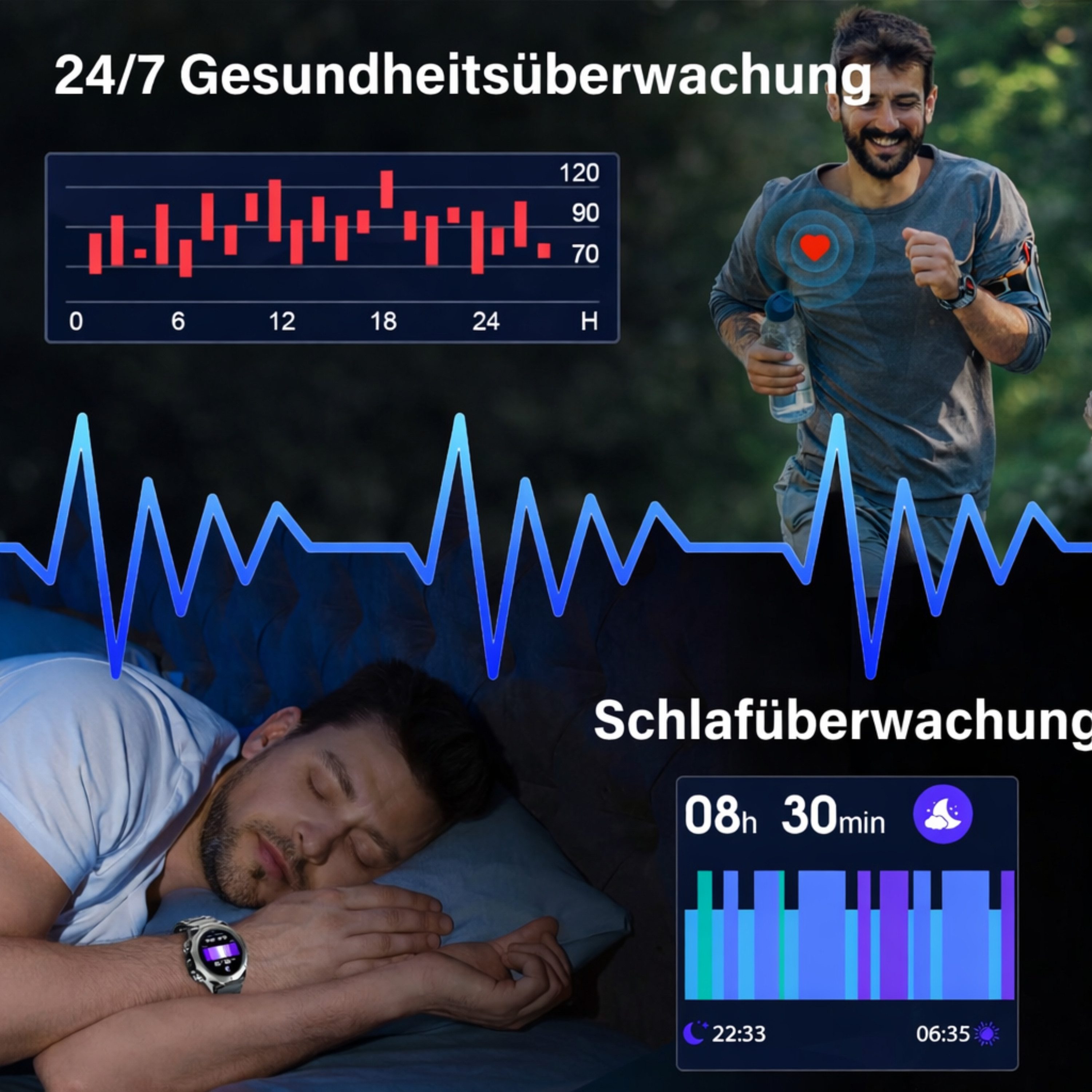 RUHE Smartwatch Telefonfunktion Herren Schrittezähler Touchscreen Silikon Smartwatch (3,53 cm/1.39 Zoll, Android und iOS) Sportuhr, 1-tlg., Herzfrequenzmonitor Schlafmonitor, Fitnessuhr für iOS und Android IP68 Wasserdicht 110+ Sportmodi Schwarz