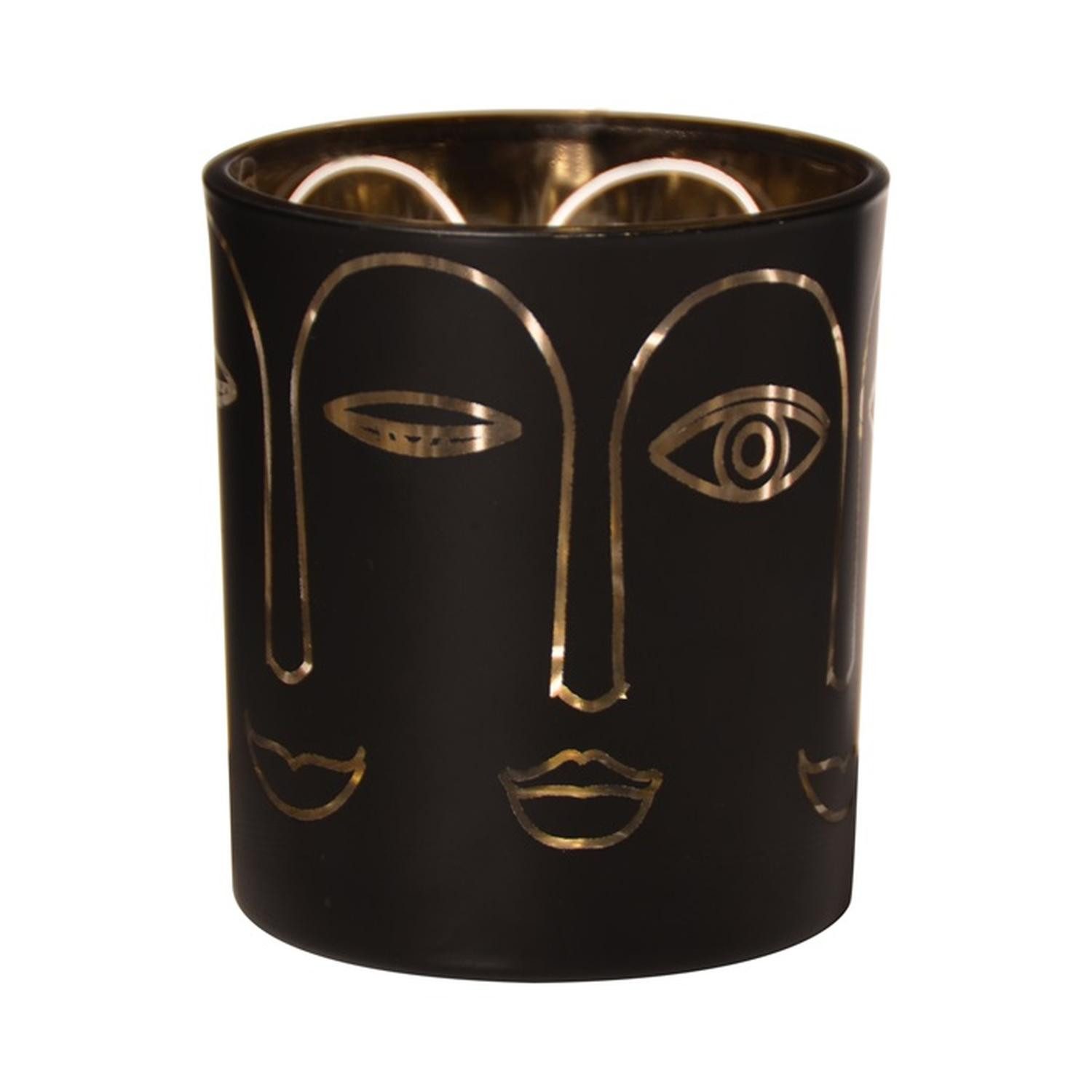 INNA-Glas Kerzenhalter Teelichthalter Glas Leoline mit Gesichtern, schwarz-Gold, 8cm, Ø7cm