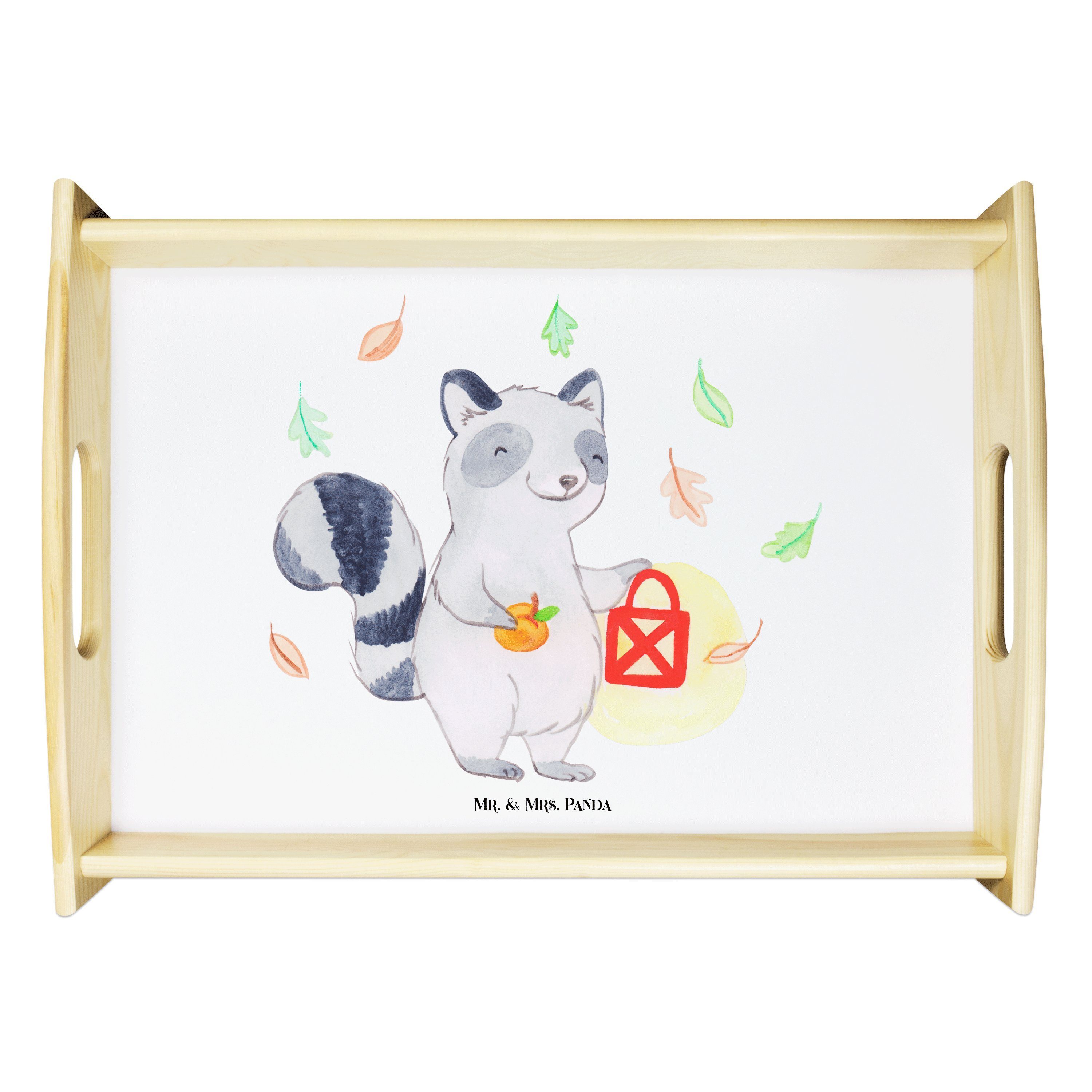 Mr. & Mrs. Panda Tablett Waschbär Laterne - Weiß - Geschenk, Geschenke, Küchentablett, Dekorat, Echtholz lasiert, (1-tlg)