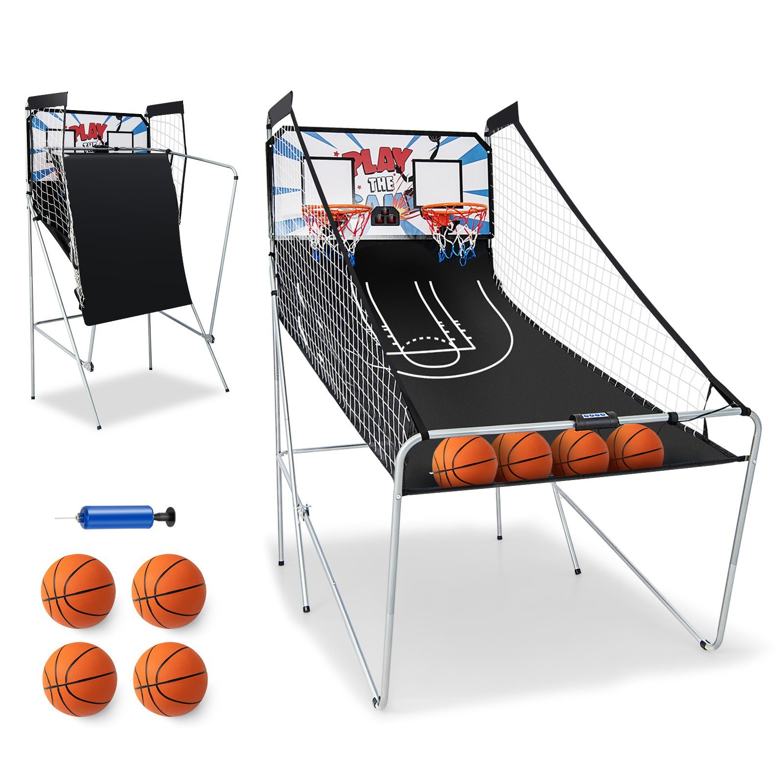 Bällen, 4 COSTWAY klappbar Basketballkorb inkl. Arcade-Basketballspiel, weiß