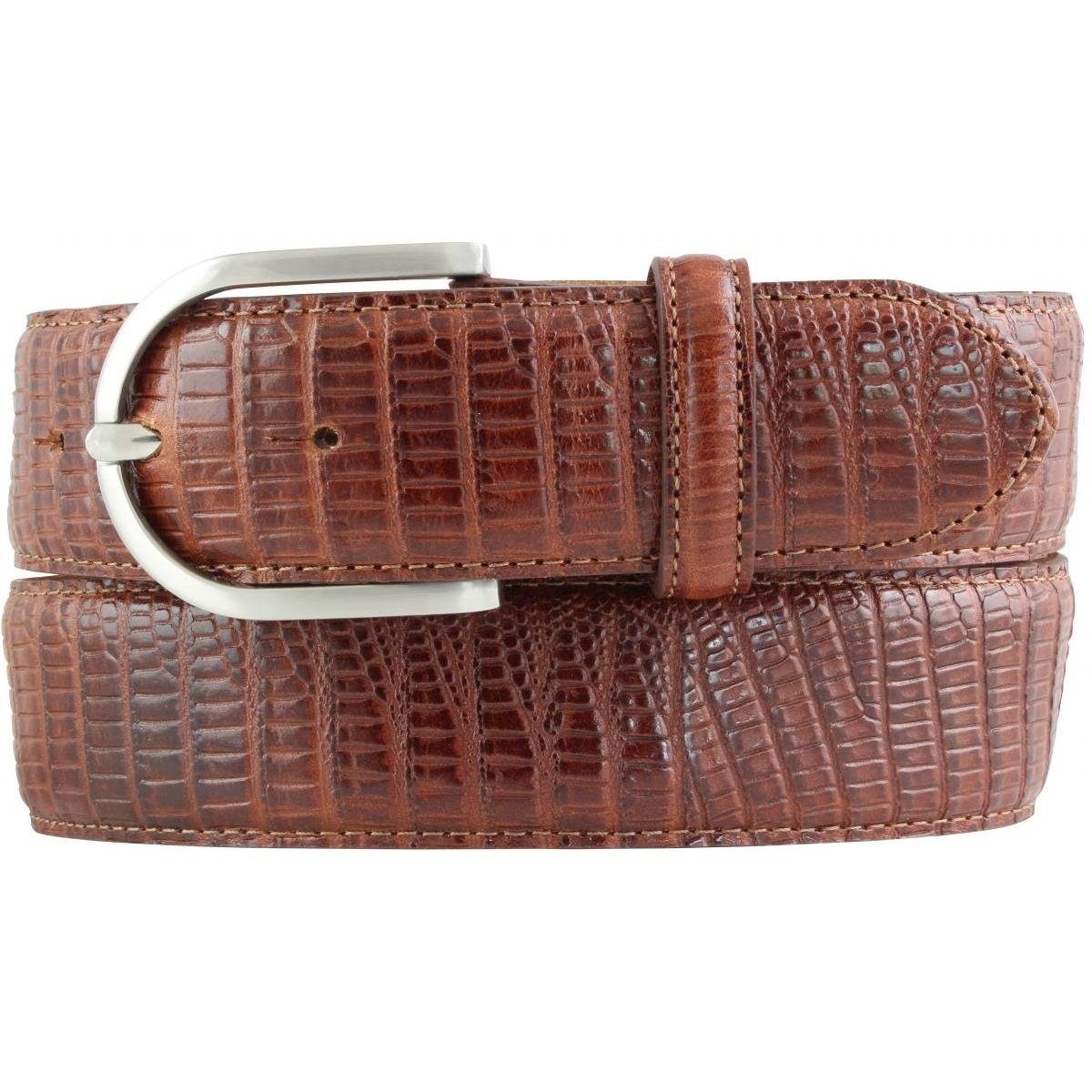 BELTINGER Ledergürtel Damen-Gürtel mit Echsenprägung 4 cm - Jeans-Gürtel für Damen 40mm Rept Cognac, Silber