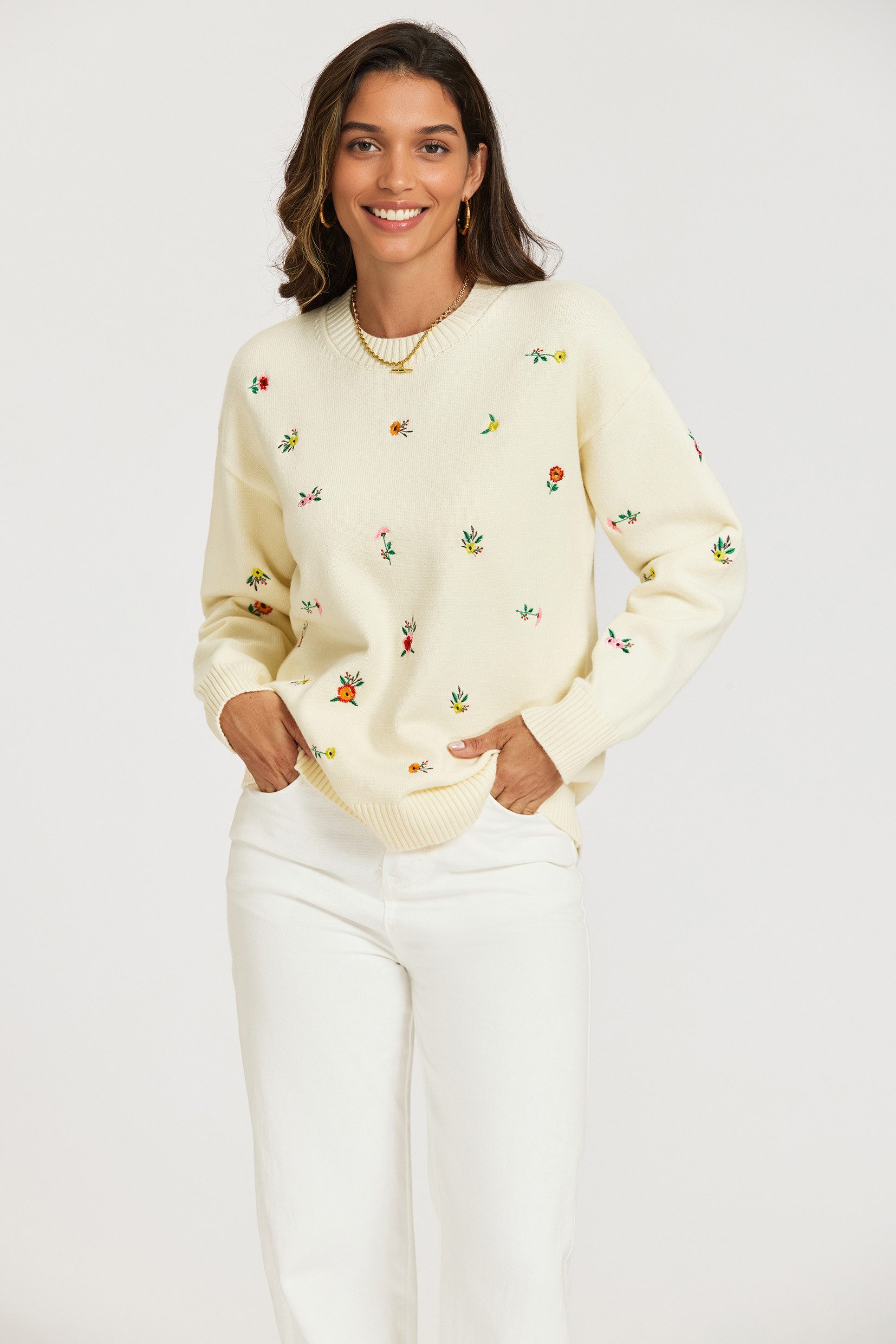 FS Collection Strickpullover Damen Strickpullover Blumenstickerei Rundhals Langarm Wollmix (Einheitsgröße EU 36–44 / UK 8–16) Wollmix mit mehrfarbiger Blumenstickerei