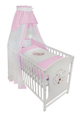 Babyhafen Komplettbett 60 × 120 cm Babybett Teddy auf dem Mond Gitterbett Kinderbett, inkl. Matratze, Himmel, Nestchen & Bettwäsche