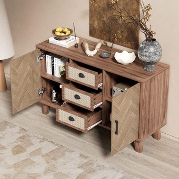 WISHDOR Sideboard Kommode (3 Schubladen, 2 Türen), mit Fischgrätenmuster, Beine aus Massivholz, 120*40*80cm