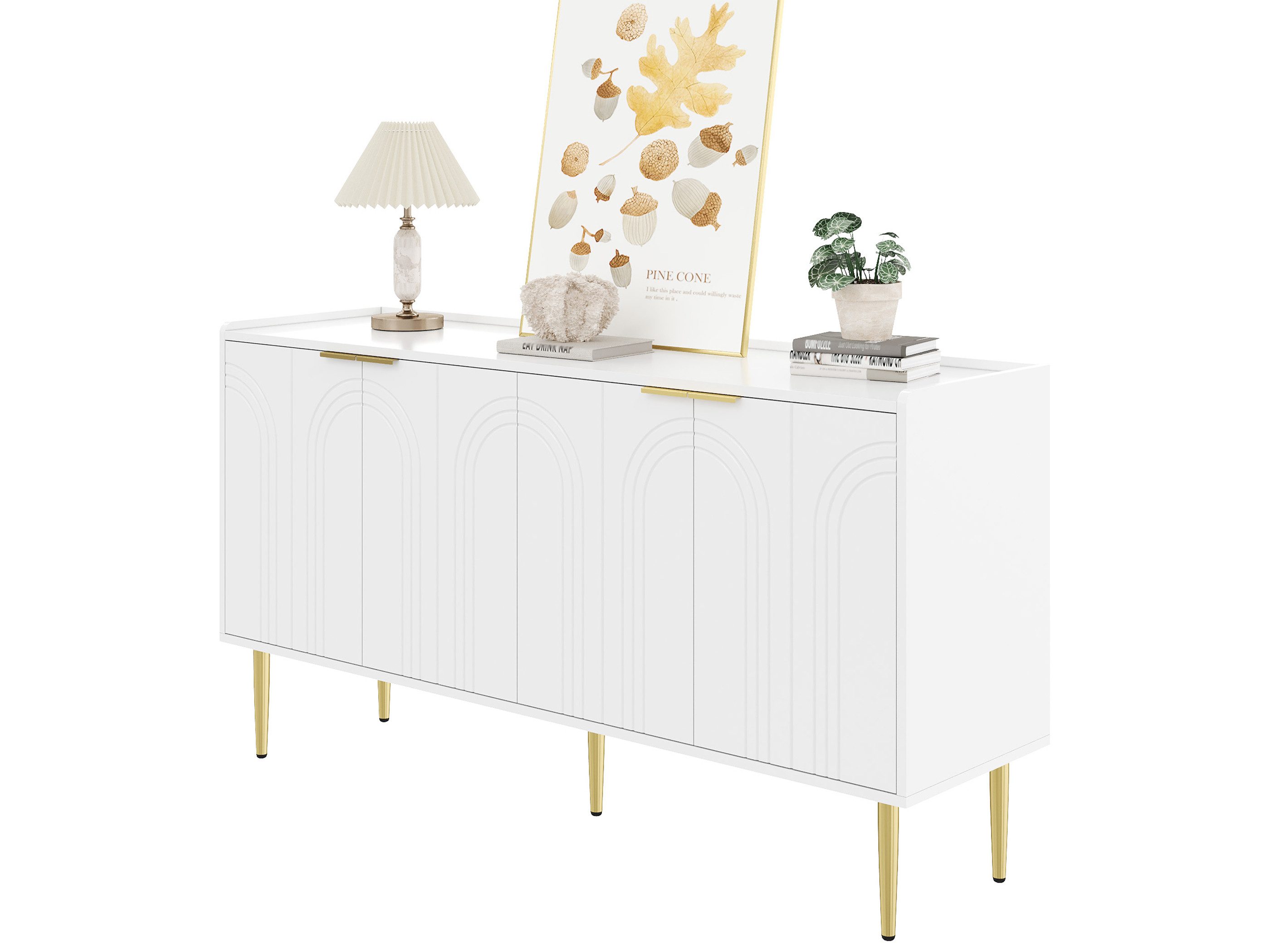 SeedWave Sideboard Allzweck Kommode, 140cm, 4 Schranktüren & Höhenverstellbare Fächer, Verstellbar Einlegeböden, vergoldete Eisenbeine