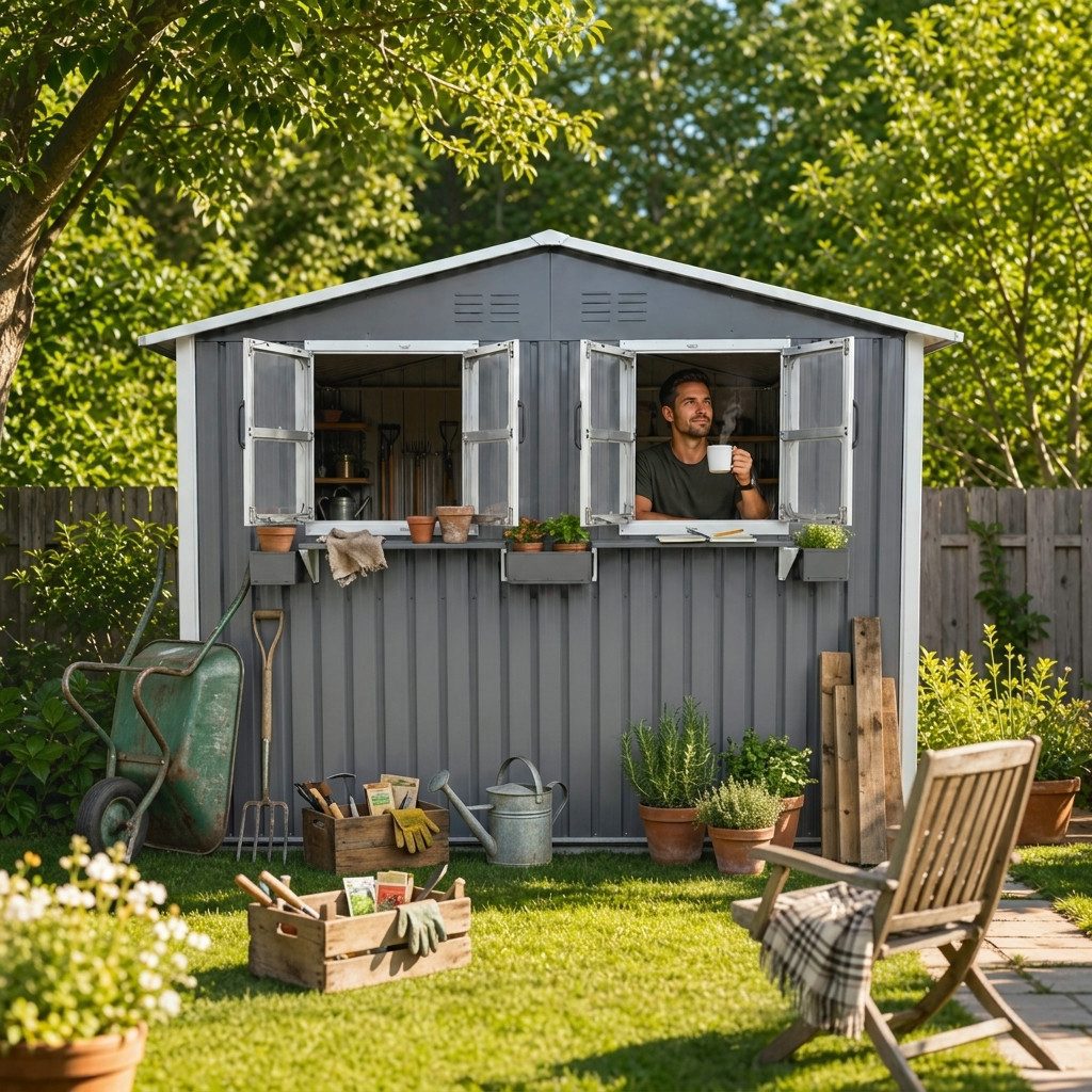 ANYSUN Gartenhaus Metall-Gartenhaus Gerätehaus 254,2×170,2 cm (4,33 m), mit 2 Fenstern, Verzinktes Stahl-Gartenhaus mit Blumenhalter, stoßfest verstärkt