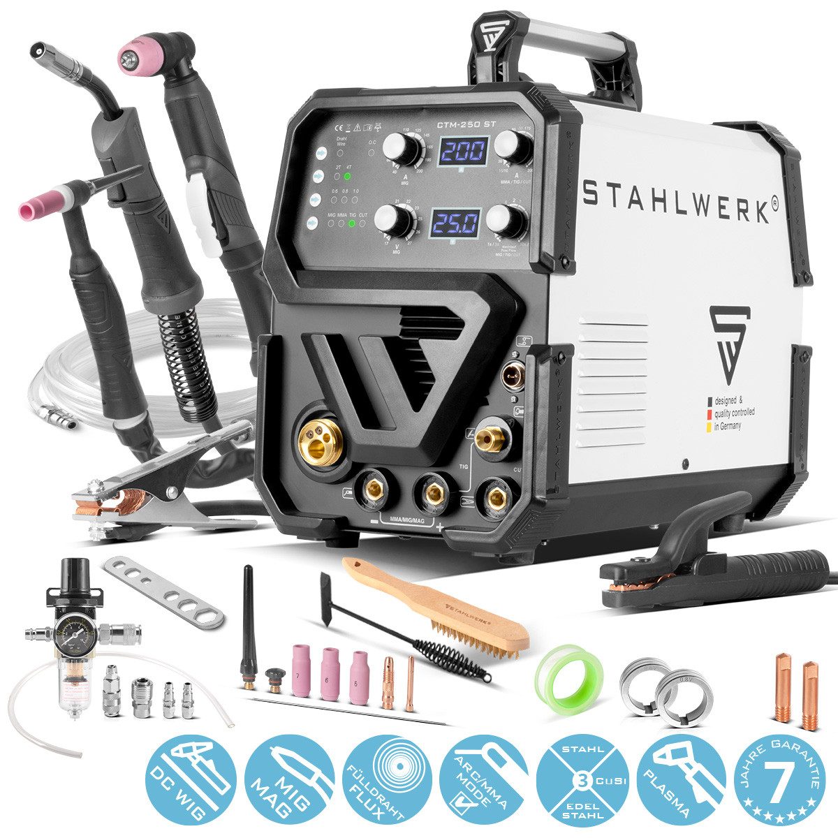 STAHLWERK Inverterschweißgerät CTM-250 6 in 1 Kombigerät WIG MIG MAG FLUX MMA CUT, 10 - 200 A, Packung}, 20-tlg., Einzelgerät, Synergisches Kombi-Schweißgerät MIG MAG