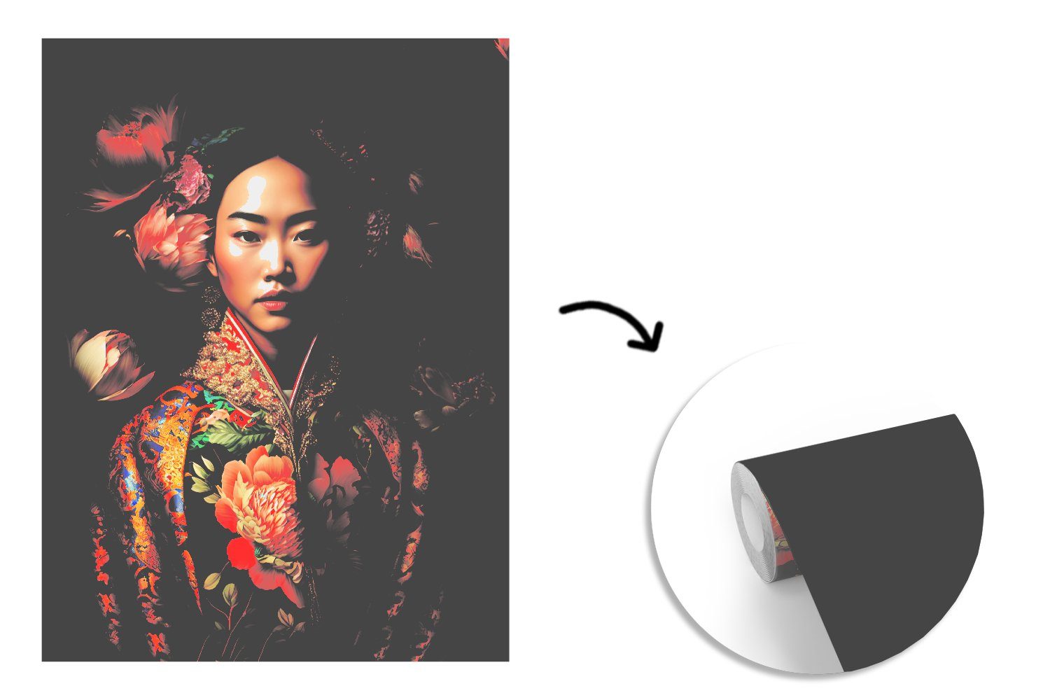 MuchoWow Fototapete - Wandtapete (4 bedruckt, Montagefertig - Frau - Asiatisch - Porträt, Matt, Tapete Vinyl St), für Wohnzimmer, Blumen Kimono