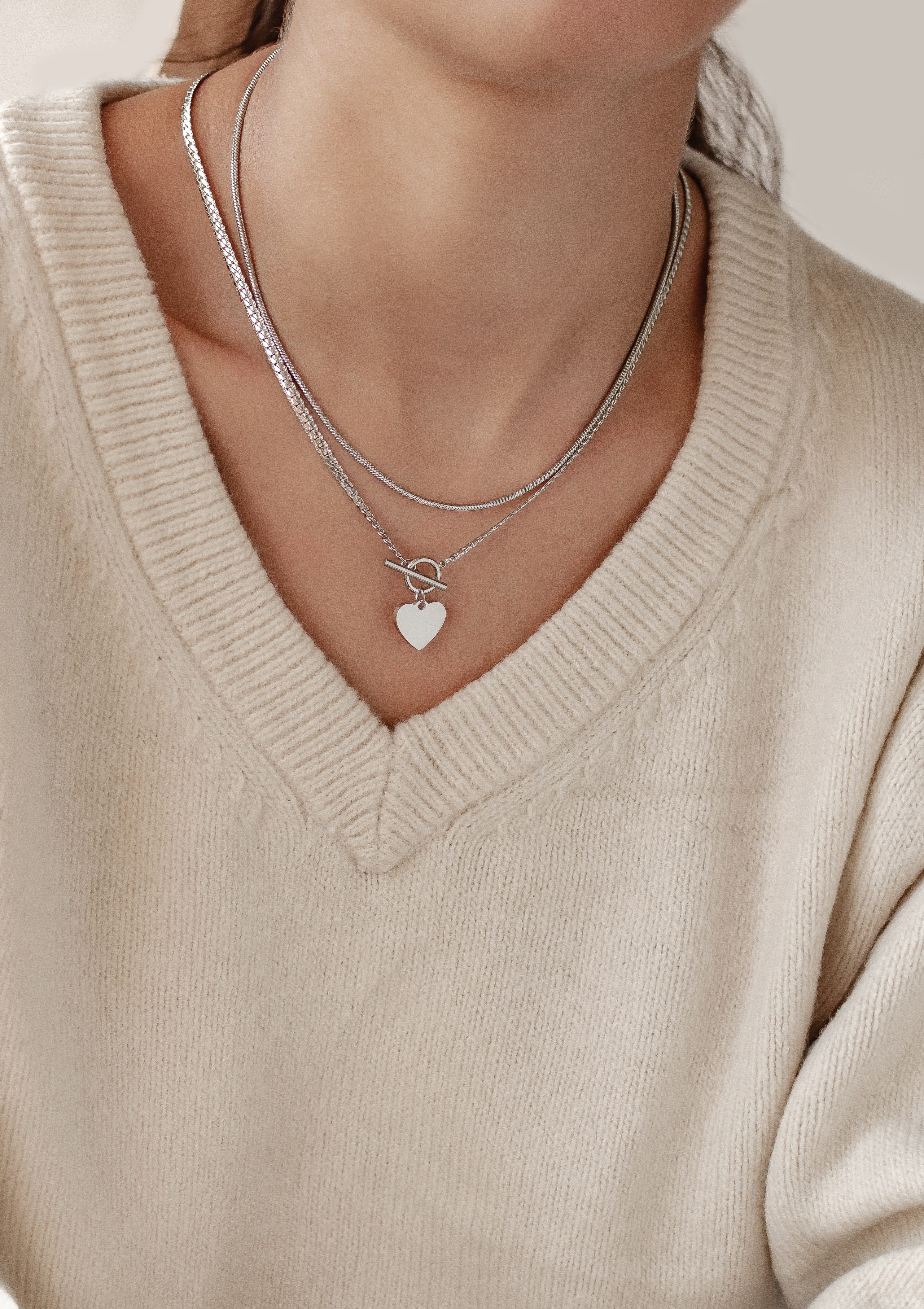 Hey Happiness Edelstahlketten-Set Herz zweireihig, 2er Damenketten mit Knebelverschluss, Vergoldetes 18K Roségold Layer Collier, wasserfest