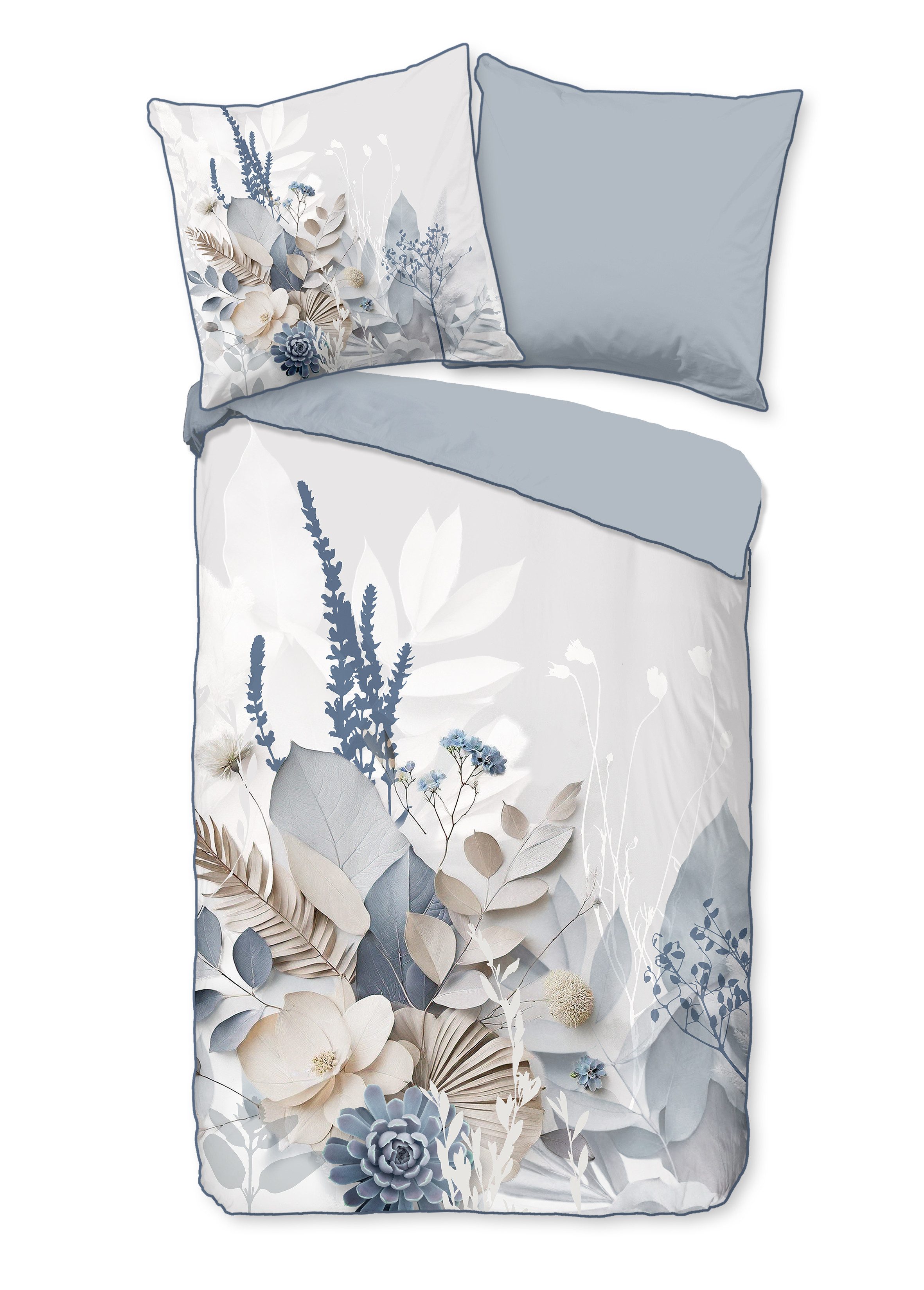 Descanso Bettwäsche Bettwäsche 200x200 + 2 x 80x80 cm Mako Satin Junte Blumen und Blätter, Mako Satin, 3 teilig, 1 x Bettbezug 200 x 200 cm + 2 x Kissenbezug 80 x 80 cm grau