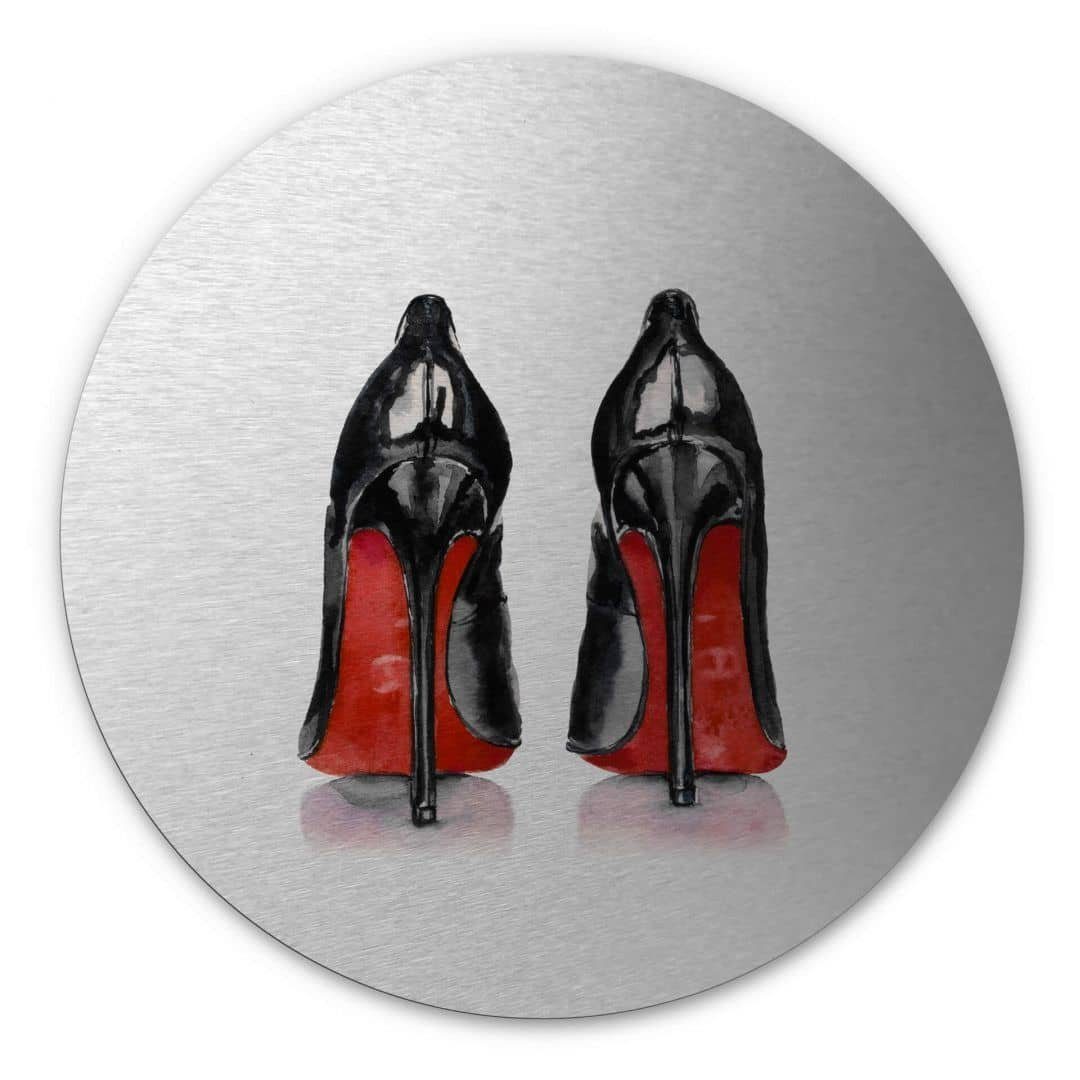 K&L Wall Art Alu-Dibond-Druck Metallposter Pumps Lack Rot Высокие каблуки erotische Wanddeko Silber, Metalloptik Wandbild Ø 30cm