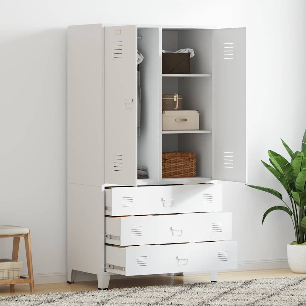 furnicato Kleiderschrank Industrial Weiß 90x50x180 cm Metall Garderobenschrank mit 3 Schubladen, Lüftungsschlitzen und Ablagen