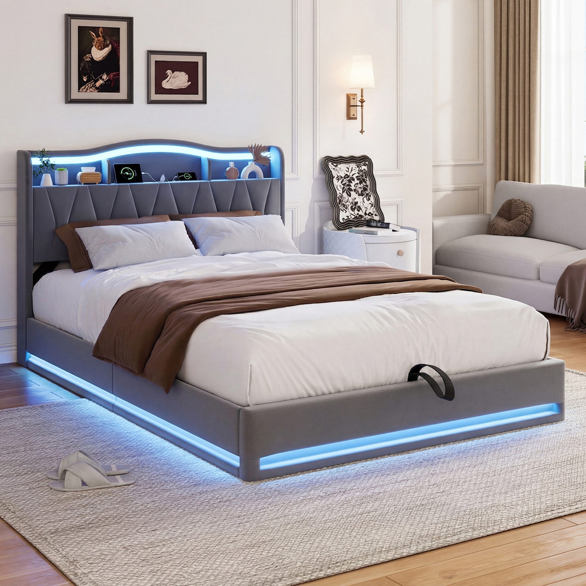 ADWOLT Polsterbett Hydraulisch Stauraumbett Doppelbett mit LED Licht (Set, 1-tlg., 160x200cm Bett Mit Ladefunktion), 162.5x217x105.5cm,Samt,Grau,ohne Matratze