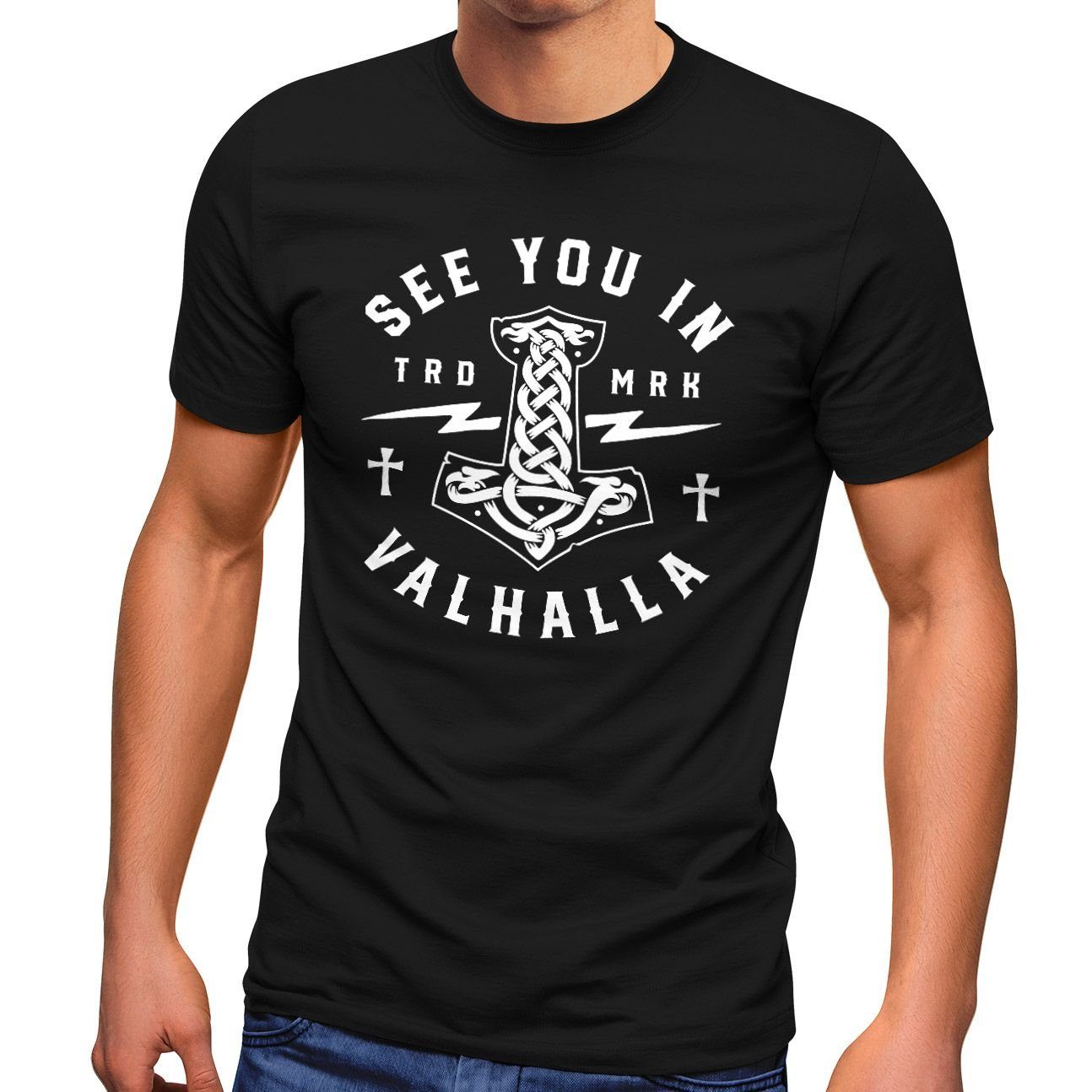 Neverless Print-Shirt Herren T-Shirt See you in Valhalla Mjölnir Thor Hammer Fashion mit Print