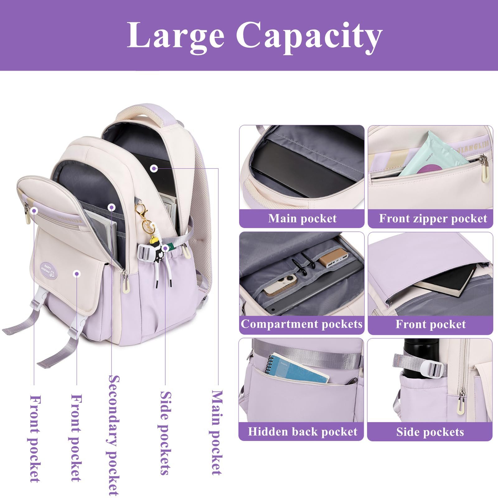 MOPUEA Schulrucksack Schulrucksack-Set 3-tlg Schultasche Wasserabweisend Viele Fächer – Bild 4 von 5
