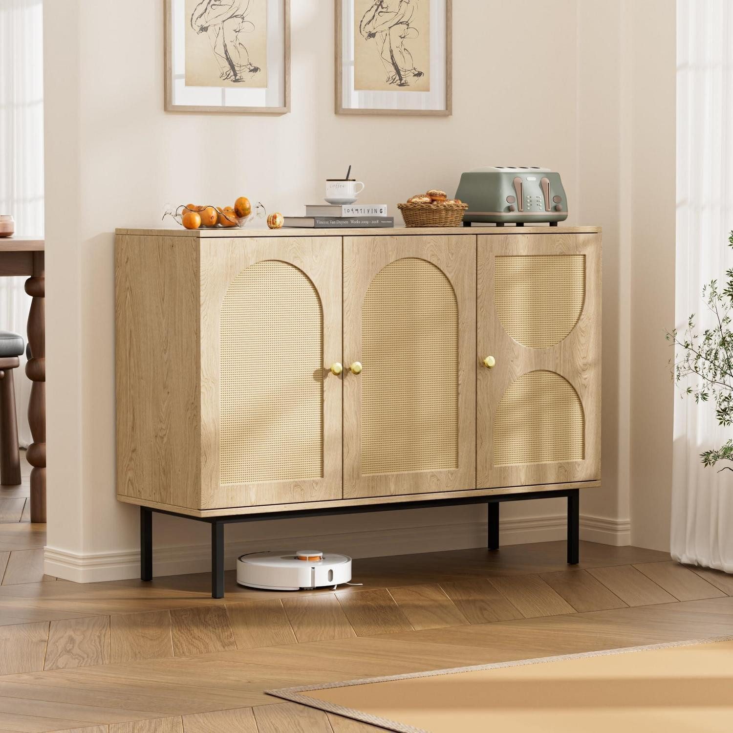LuxusKollektion Sideboard Sideboard 3 Türen Rattan Kommode verstellbare Ablagen