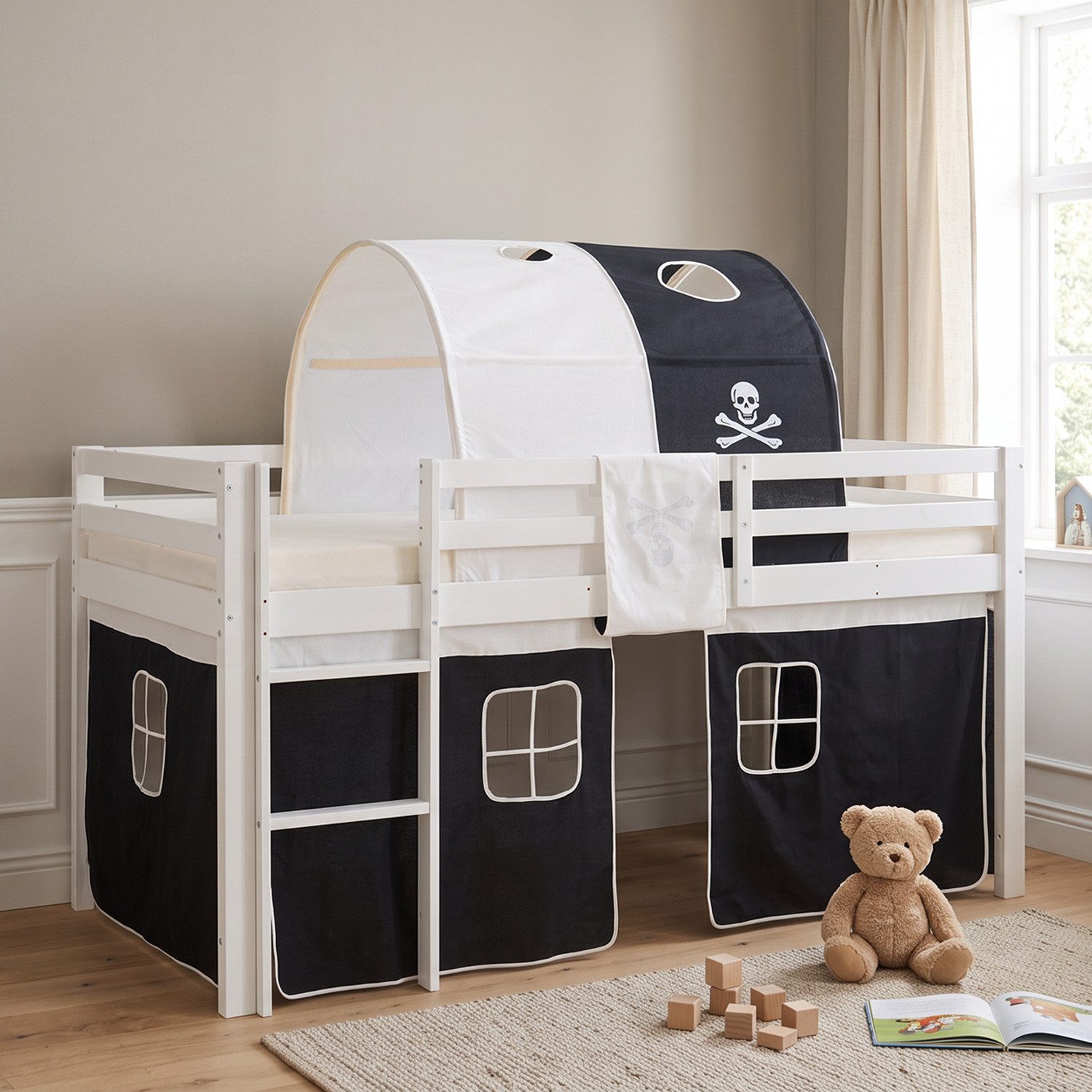 Homestyle4u Hochbett Kinder Rutsche 90x200 mit / ohne Matratze Holz Vorhang Jungen (Set, mit Tunnel) Pirat, Junge