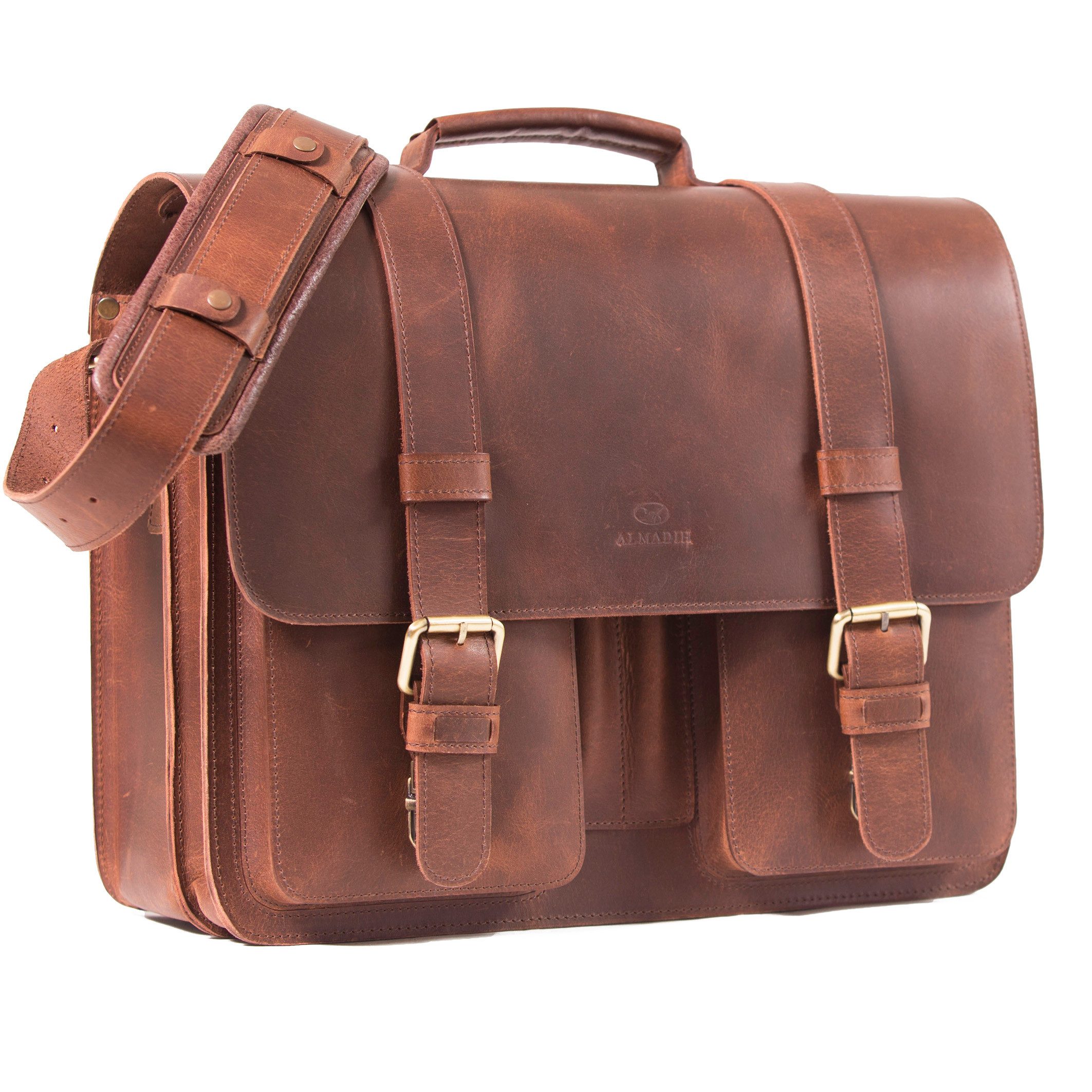 ALMADIH Aktentasche XL Leder Herren Businesstasche ROY Laptoptasche braun