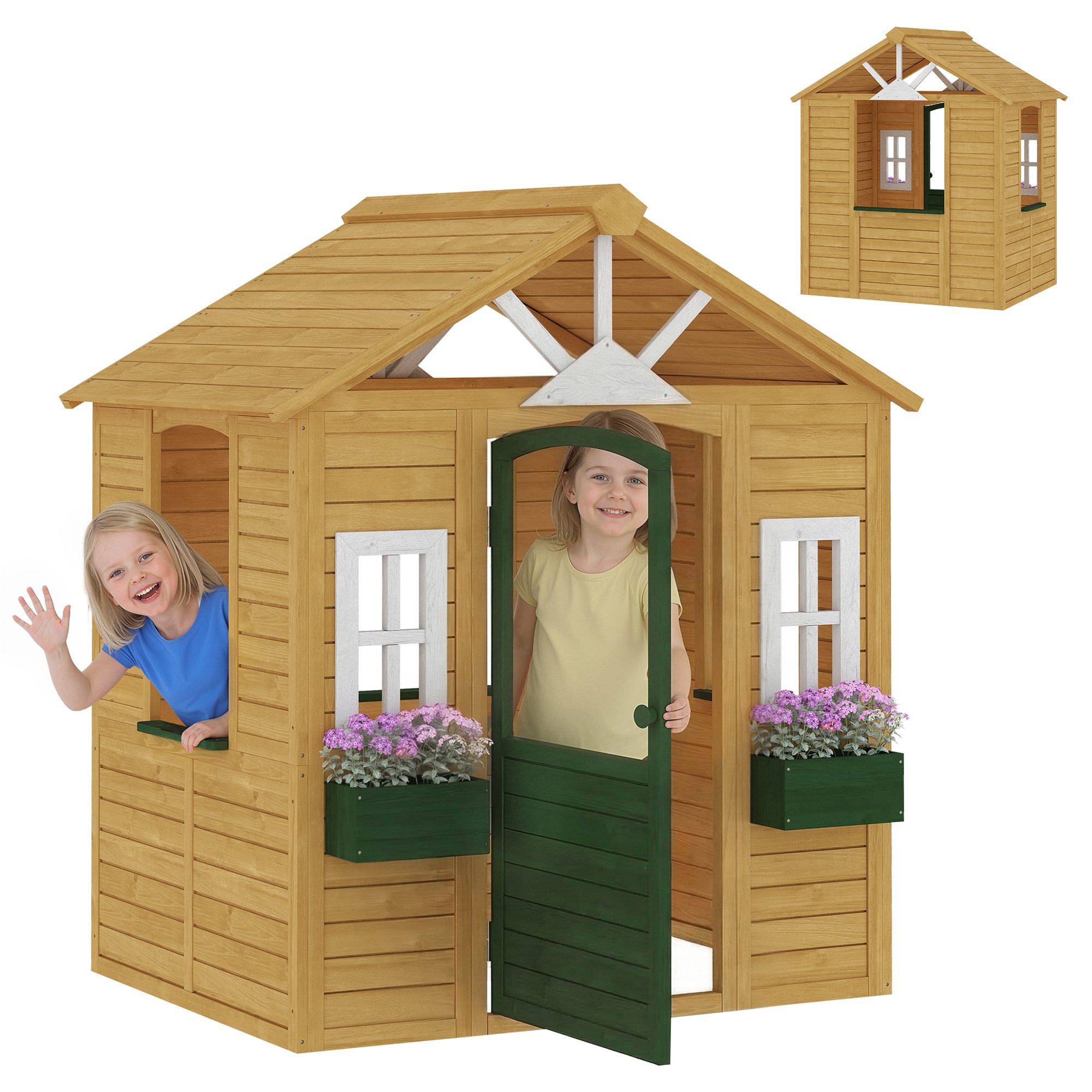 AIYAPLAY Spielhaus Kinderspielhaus Gartenhaus aus Holz mit Tür 3 Fenster 2 Blumenkästen, für Kinder von 3-8 Jahren 134,5 x 97 x 150 cm Braun