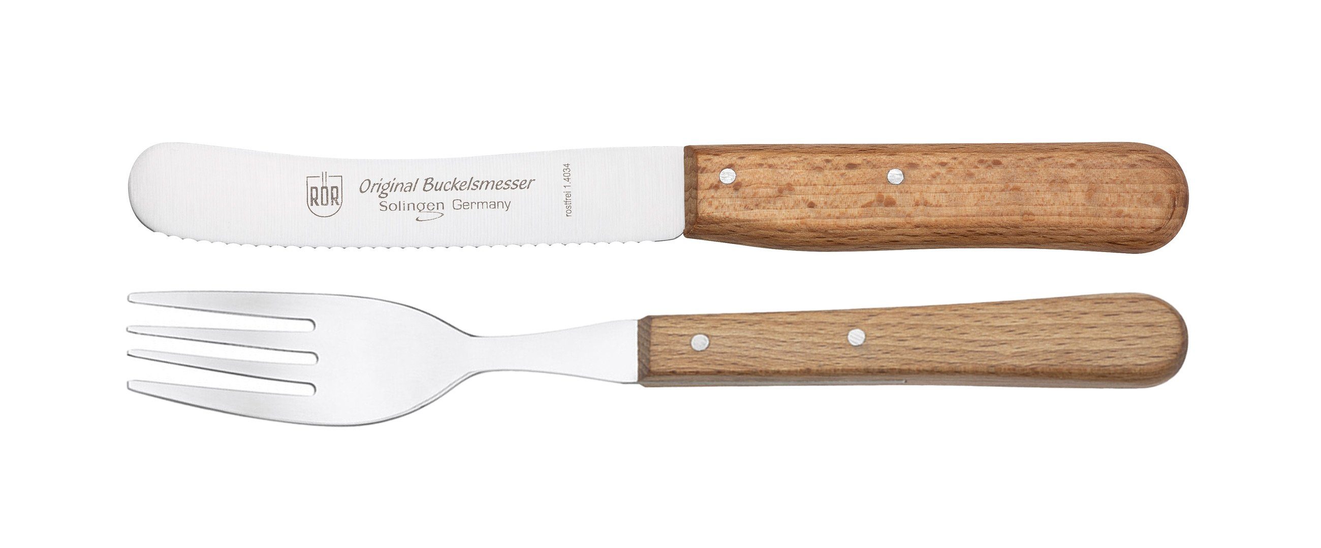 RÖR Messer-Set 10283-2, Buckelsmesser mit Wellenschliff + Gabel mit Buchenholzgriff, das perfekte Besteckset für den Esstisch - Made in Solingen