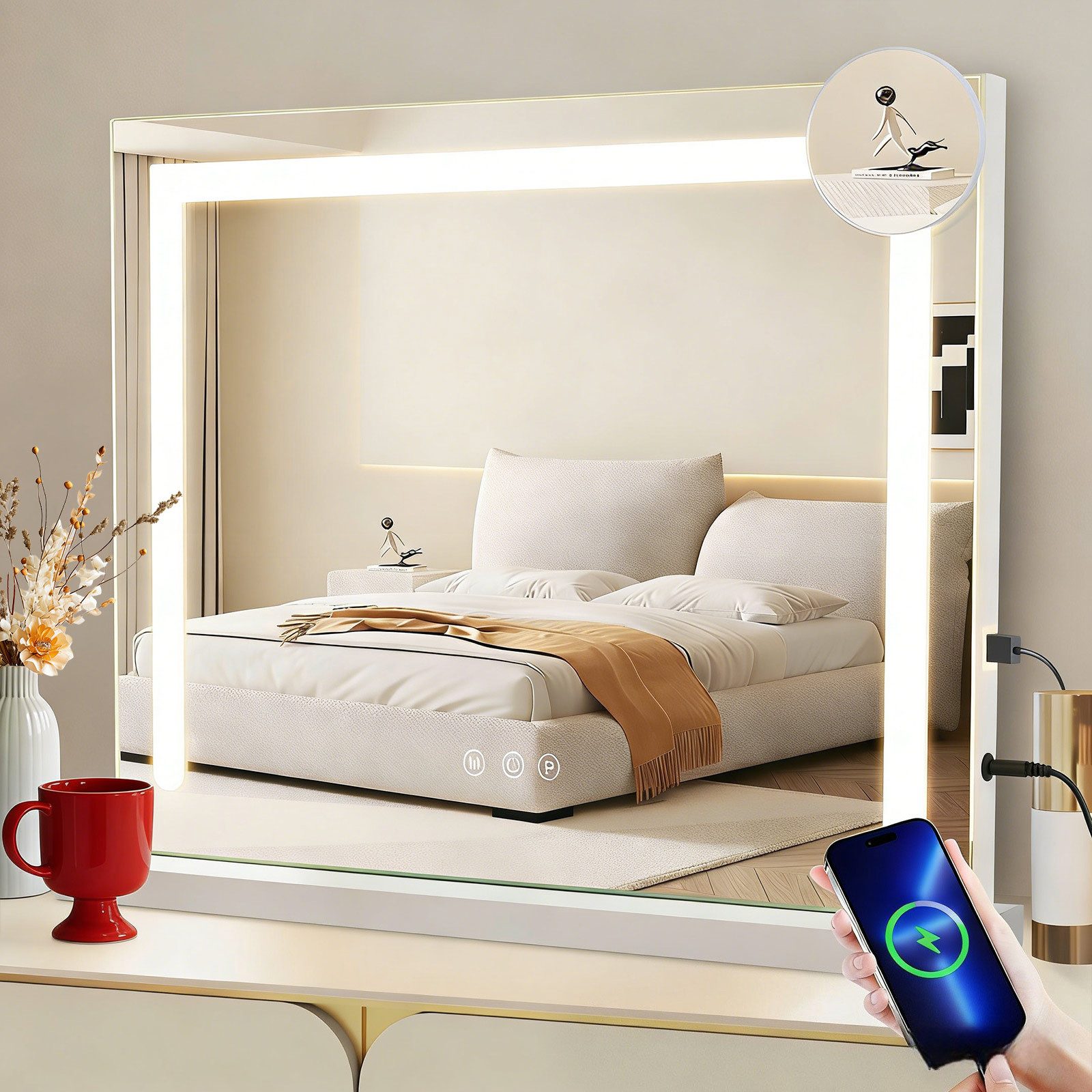 Nettlife Schminkspiegel led mit beleuchtung 3 Lichtmodi Hollywood Style Beleuchtung und USB (3-farbig einstellbares Licht mit Memory-Funktion, 1-St., Touchscreen), 42*12*50cm Dimmbarer Kosmetikspiegel